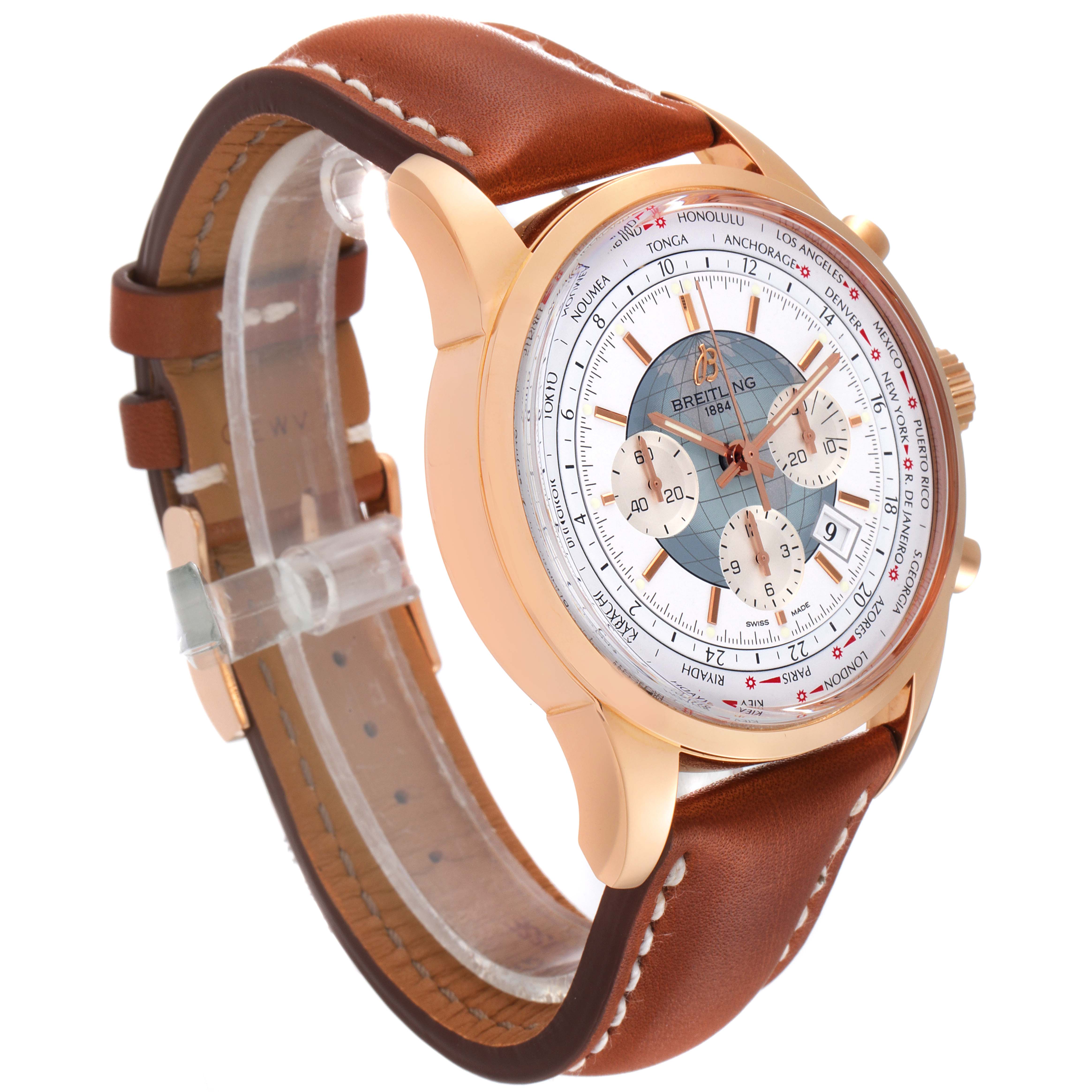 The Breitling Transocean RB0510U4-BB63BKLD Men's Rose Gold White Dial RB0510U4-BB63BKLD Men's Rose Gold White Dial watch is shown in a three-quarter angle, displaying its face and brown leather strap.