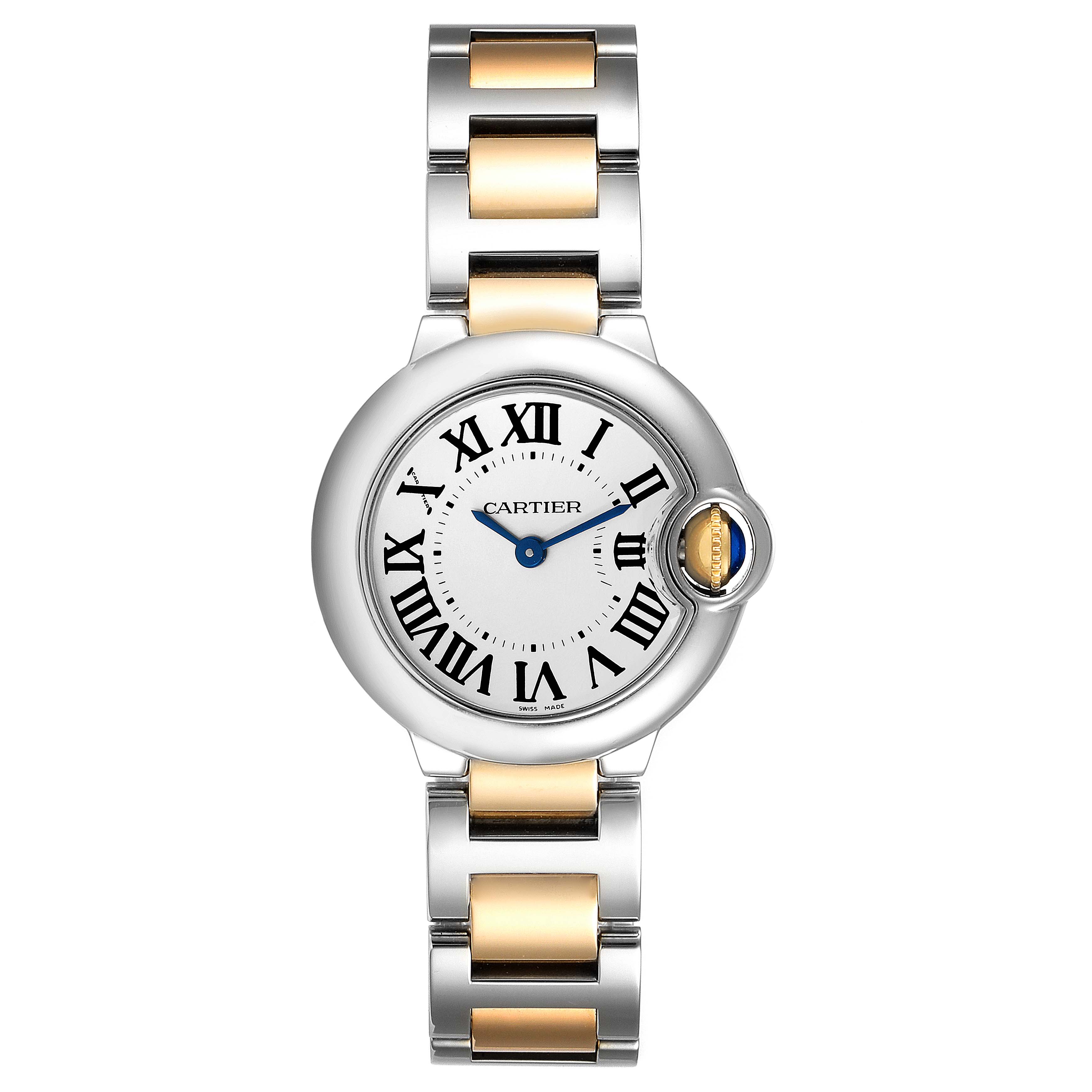 The image shows a front view of a Cartier Ballon Bleu W69007Z3 Women
s Steel and Gold (two tone) Silver Dial W69007Z3 Women
s Steel and Gold (two tone) Silver Dial watch displaying its face and two-tone metal bracelet.
