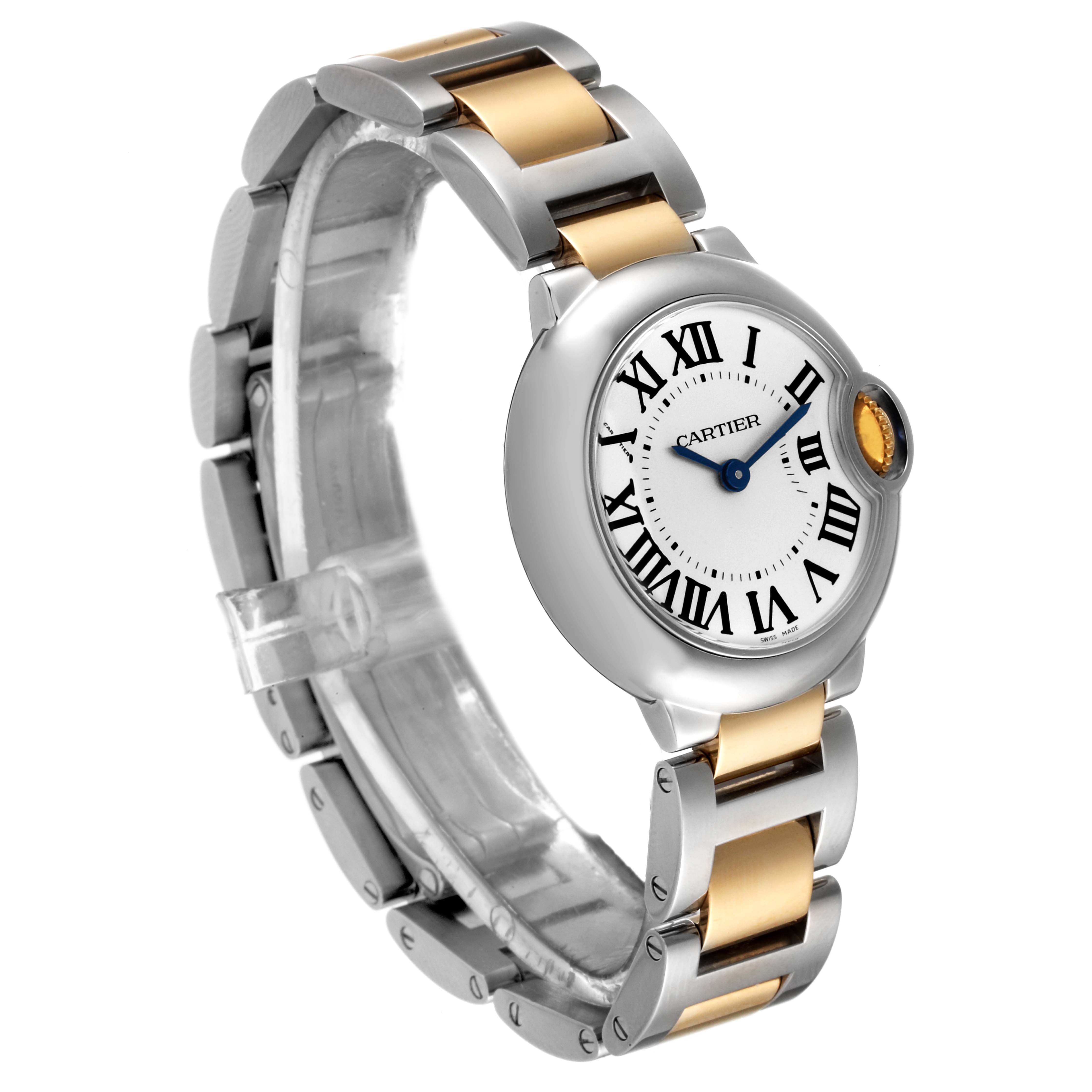 The image shows a Cartier Ballon Bleu W69007Z3 Women
s Steel and Gold (two tone) Silver Dial W69007Z3 Women
s Steel and Gold (two tone) Silver Dial watch at a slight angle, highlighting its face and two-tone metal bracelet.