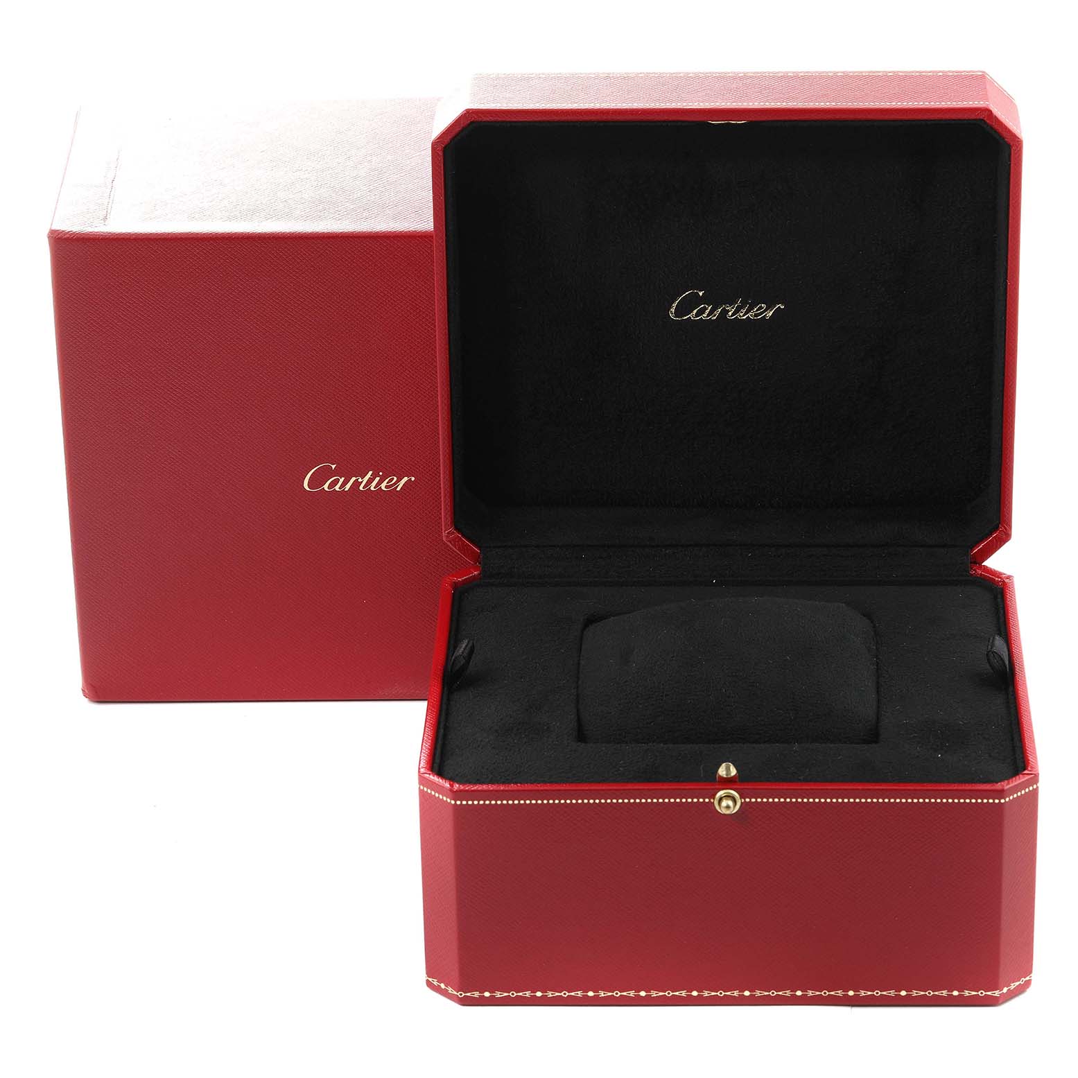 The image shows an open and closed red Cartier watch box for the Ballon Bleu model, highlighting its luxurious packaging.