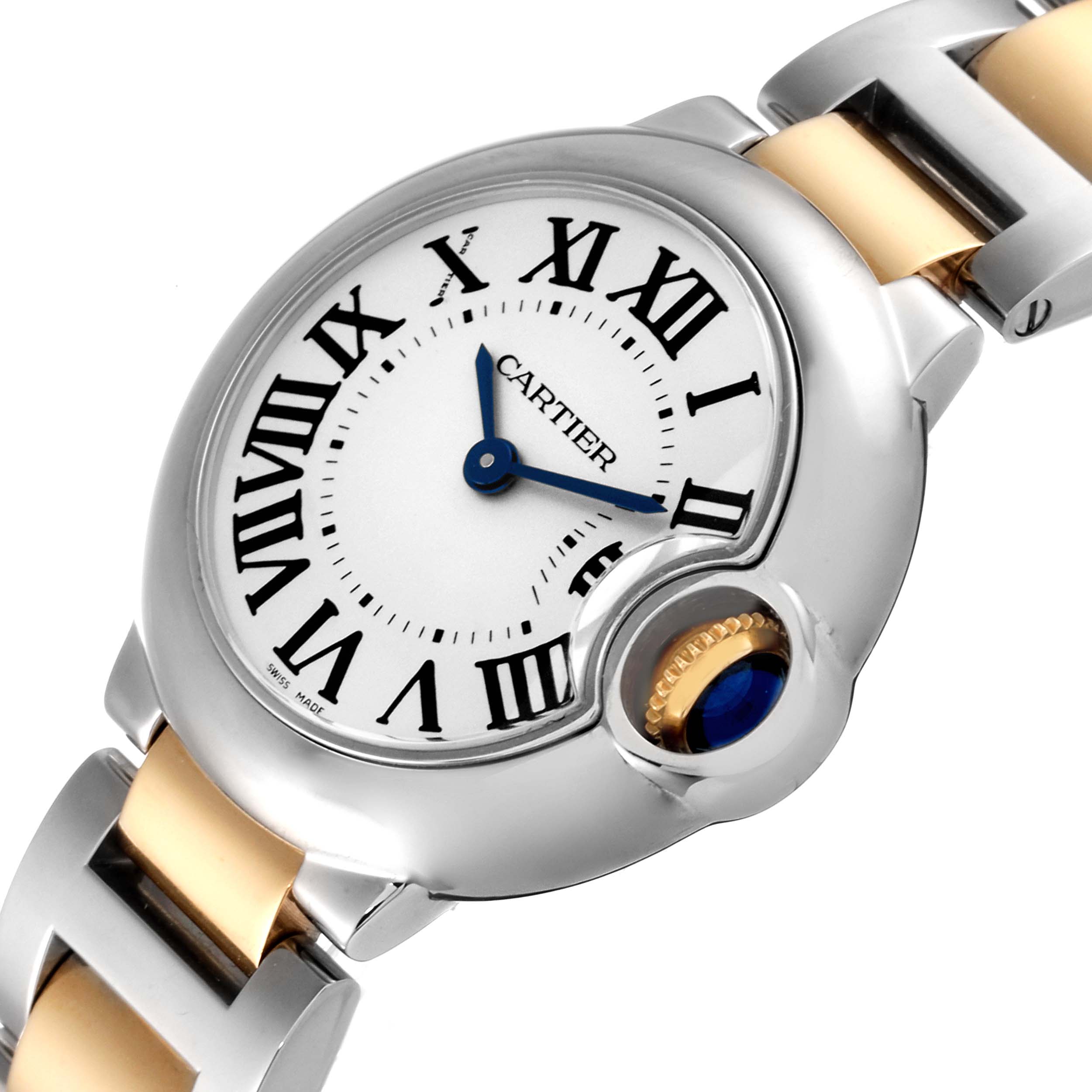 The image shows a close-up angled view of a Cartier Ballon Bleu W69007Z3 Women
s Steel and Gold (two tone) Silver Dial W69007Z3 Women
s Steel and Gold (two tone) Silver Dial watch, highlighting the dial, hands, and crown with a blue cabochon.