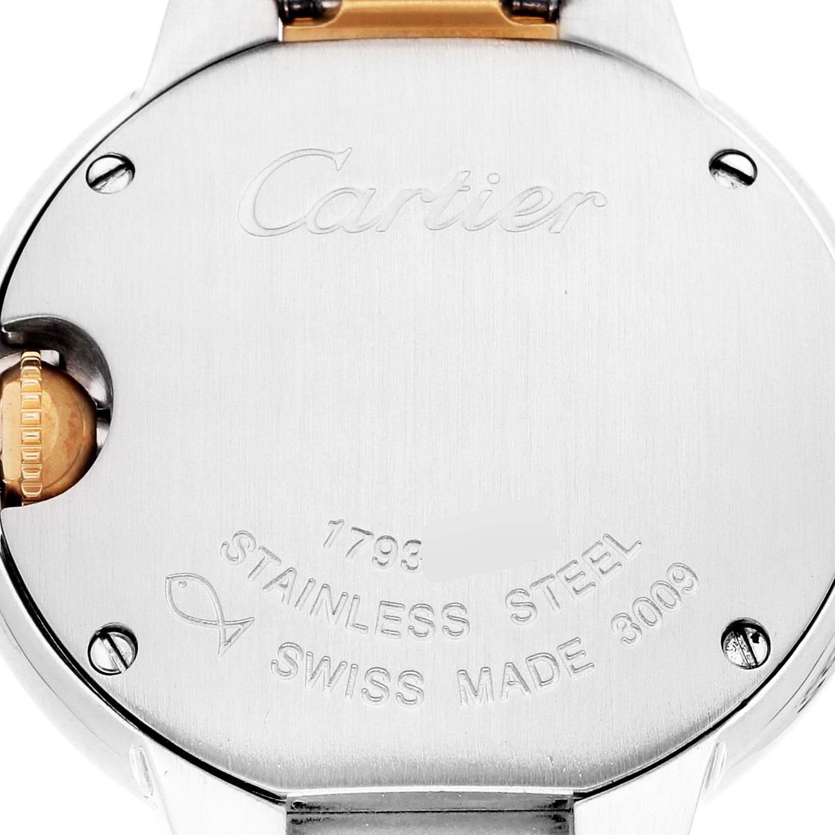 The image shows the back case of a Cartier Ballon Bleu W69007Z3 Women
s Steel and Gold (two tone) Silver Dial W69007Z3 Women
s Steel and Gold (two tone) Silver Dial watch, highlighting its stainless steel and serial markings.