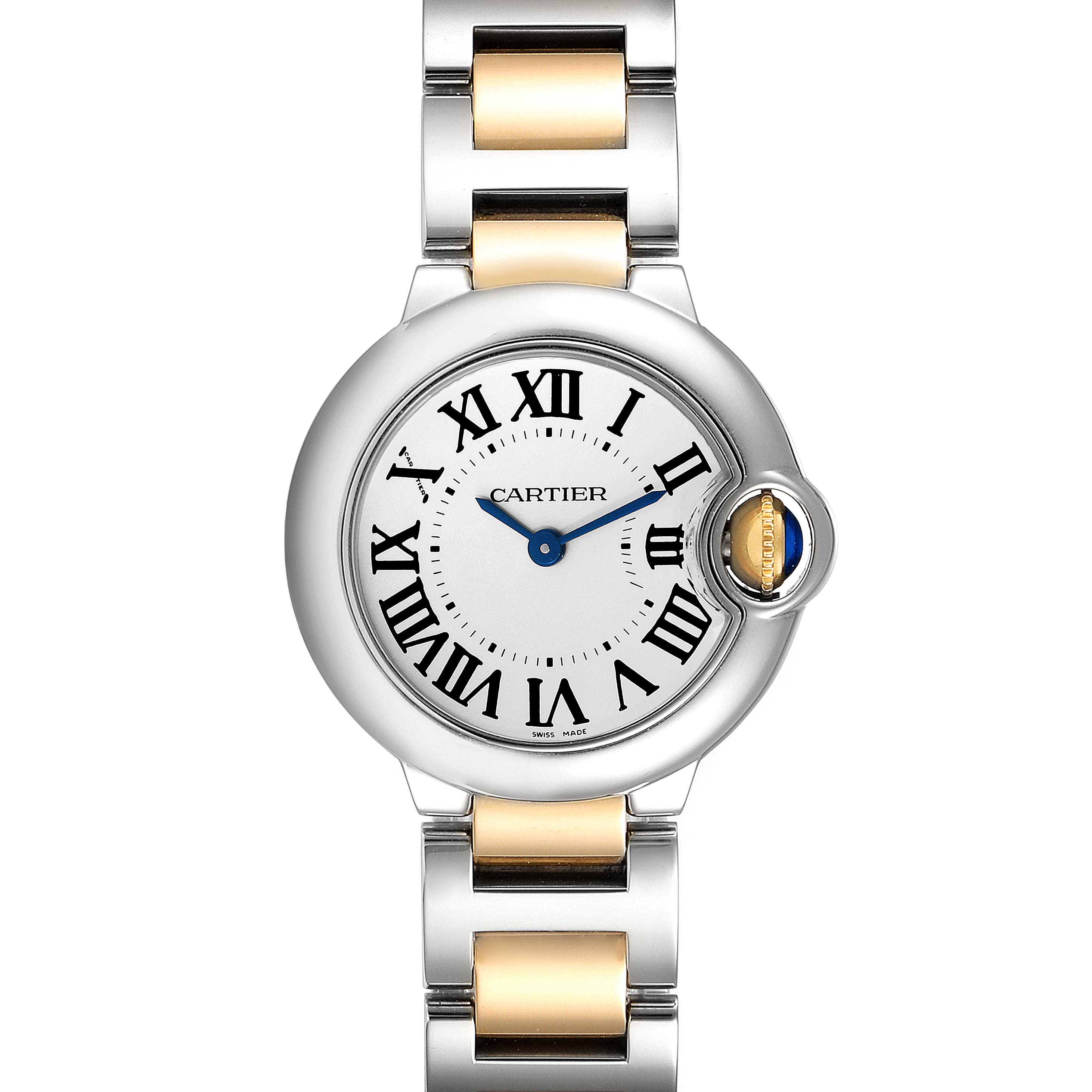 This image shows a front view of a Cartier Ballon Bleu W69007Z3 Women
s Steel and Gold (two tone) Silver Dial W69007Z3 Women
s Steel and Gold (two tone) Silver Dial watch, highlighting the face, bezel, and part of the bracelet.