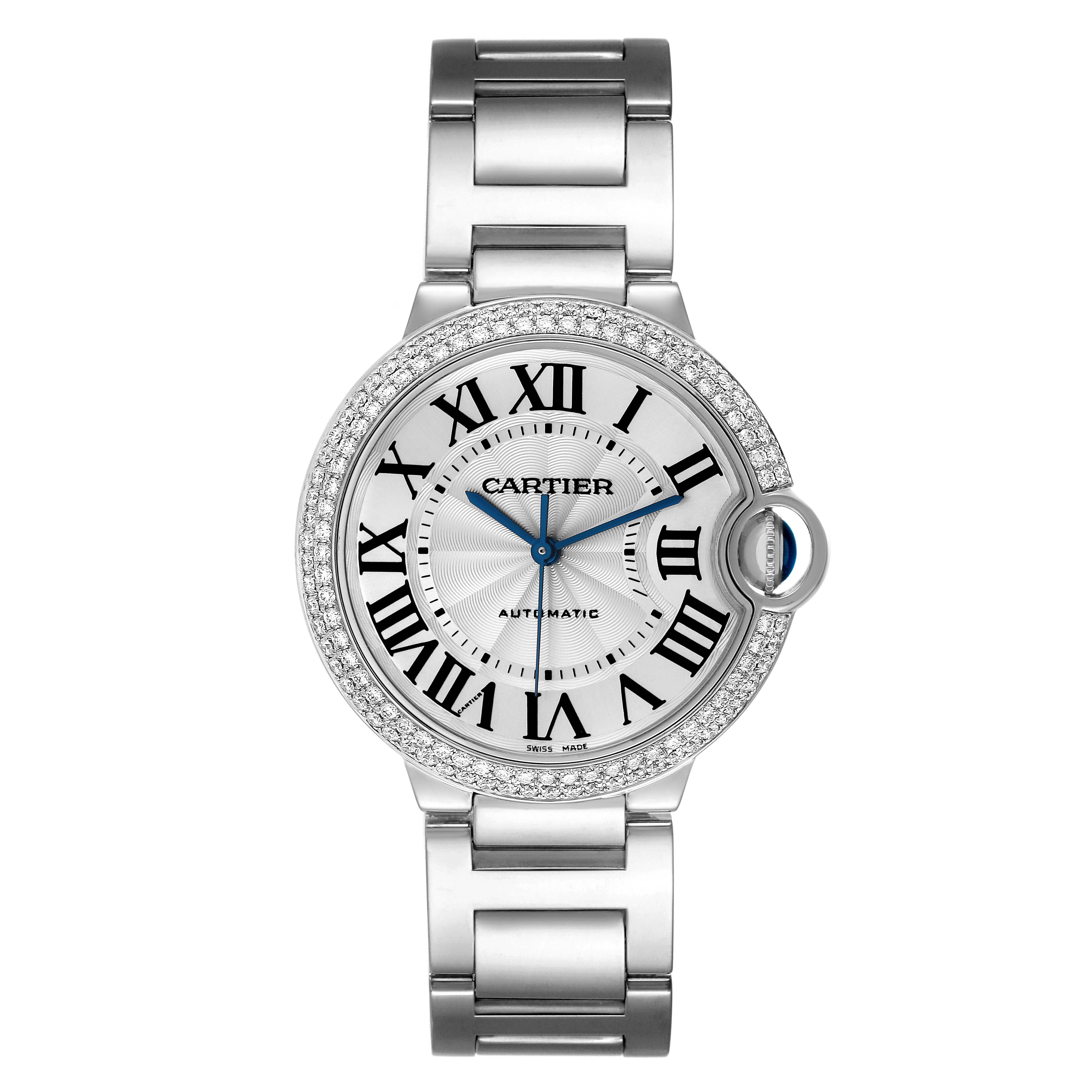 The image shows a front view of a Cartier Ballon Bleu WE9006Z3 Women's Stainless Steel Silver Dial WE9006Z3 Women's Stainless Steel Silver Dial watch, highlighting the dial, bezel, and bracelet.