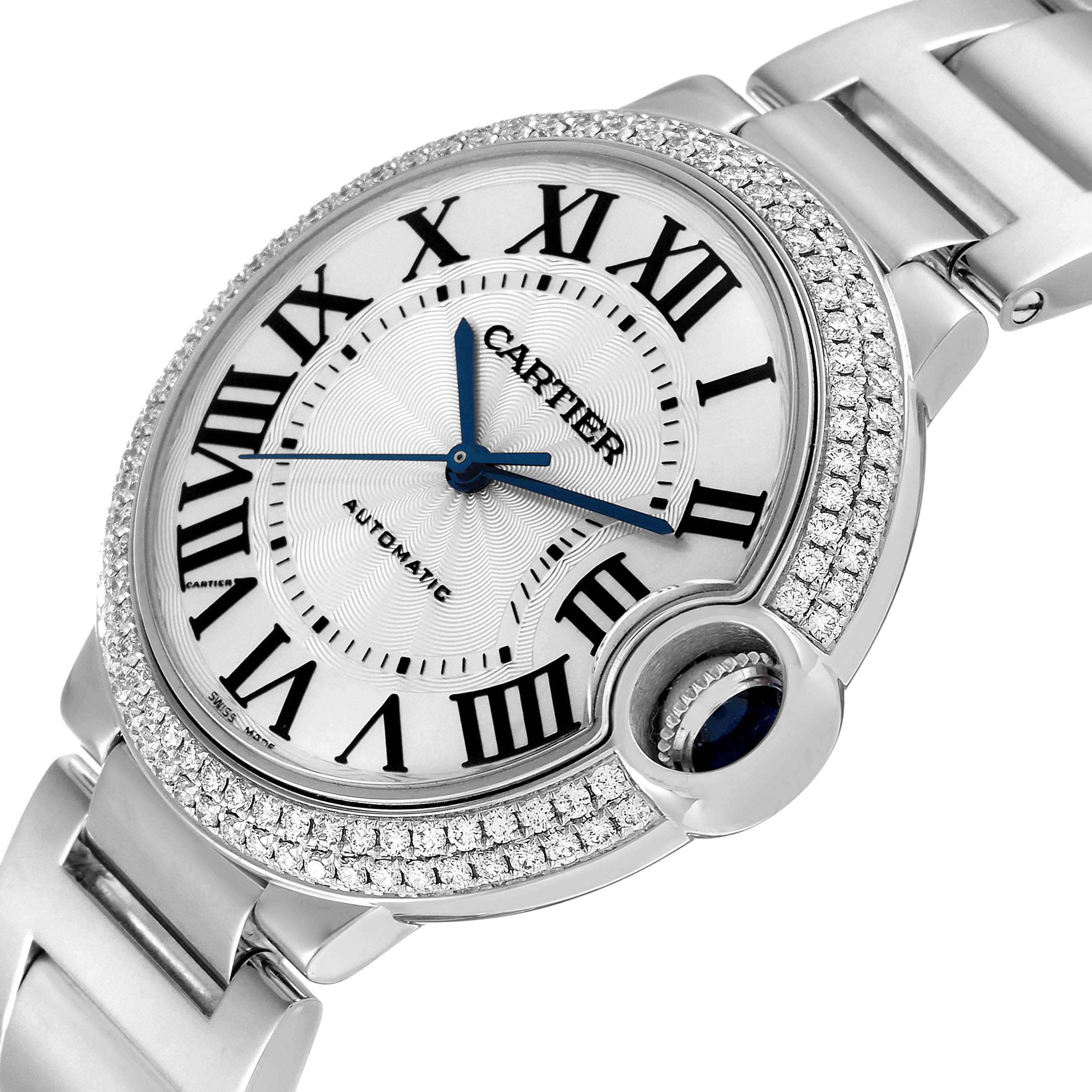 The image shows the Cartier Ballon Bleu WE9006Z3 Women's Stainless Steel Silver Dial WE9006Z3 Women's Stainless Steel Silver Dial watch from an angled close-up, highlighting its face, bezel, and part of the bracelet.