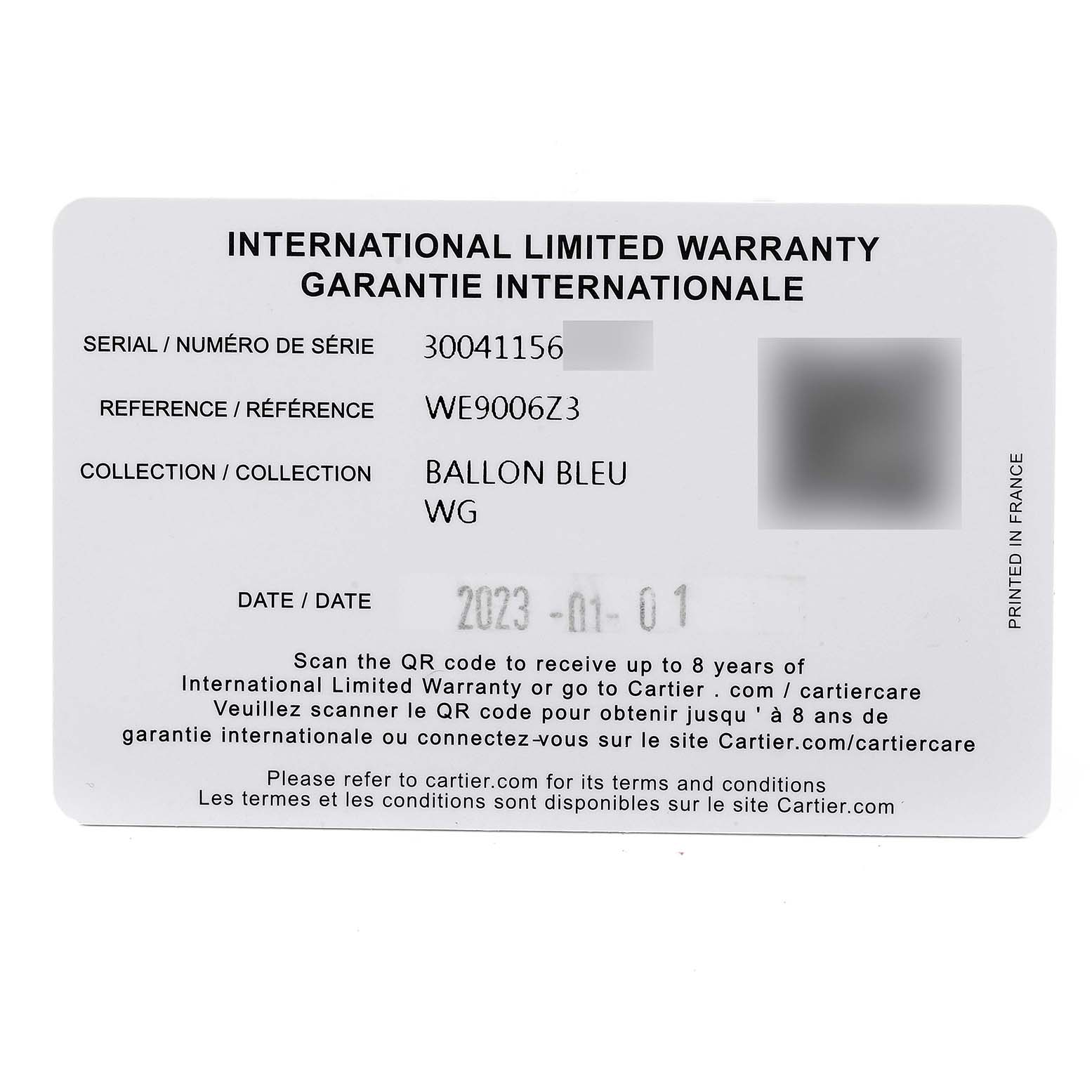 This image shows an International Limited Warranty card for the Ballon Bleu model by Cartier.