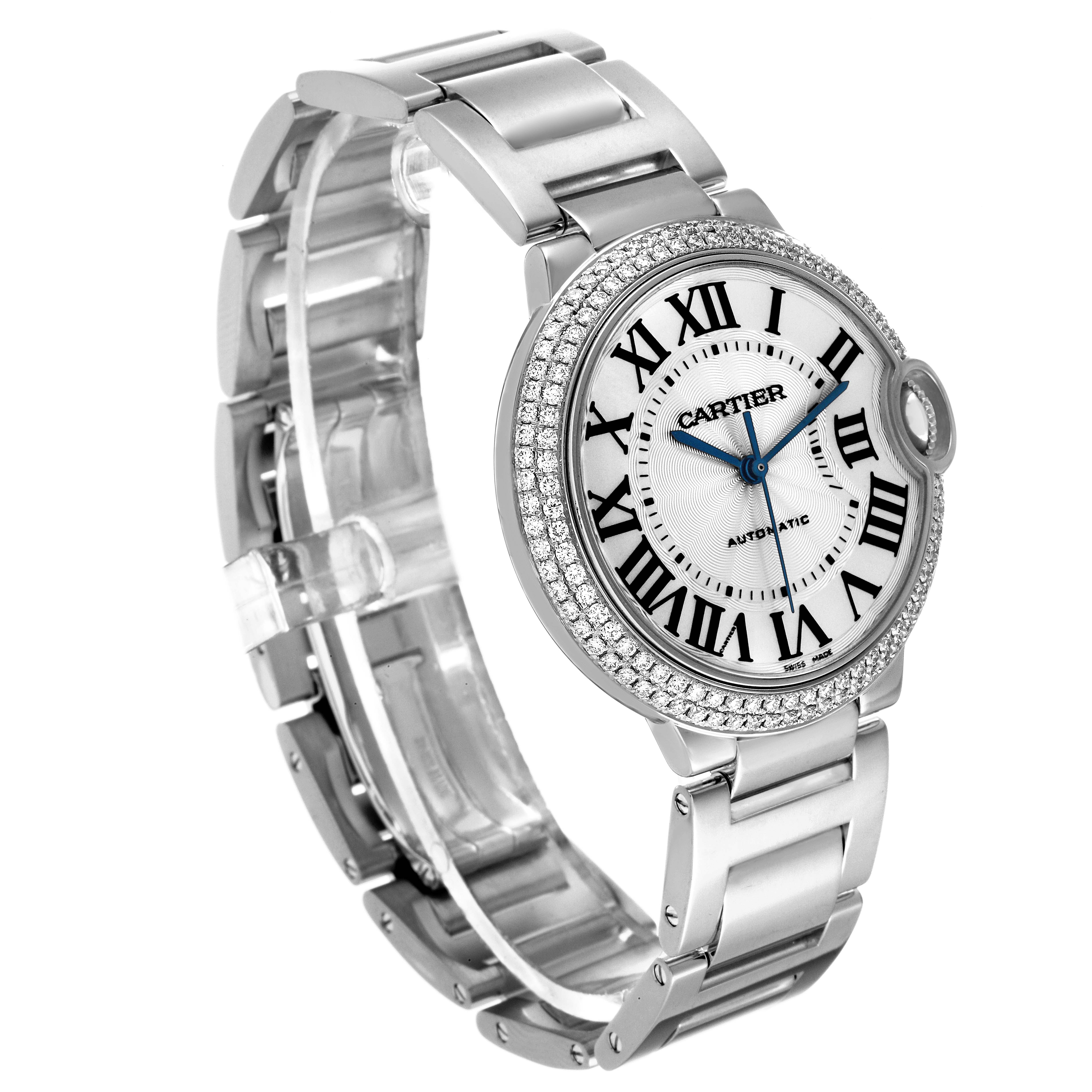 The image shows a Cartier Ballon Bleu WE9006Z3 Women's Stainless Steel Silver Dial WE9006Z3 Women's Stainless Steel Silver Dial watch at a three-quarter angle, highlighting its face, bracelet, and diamond bezel.
