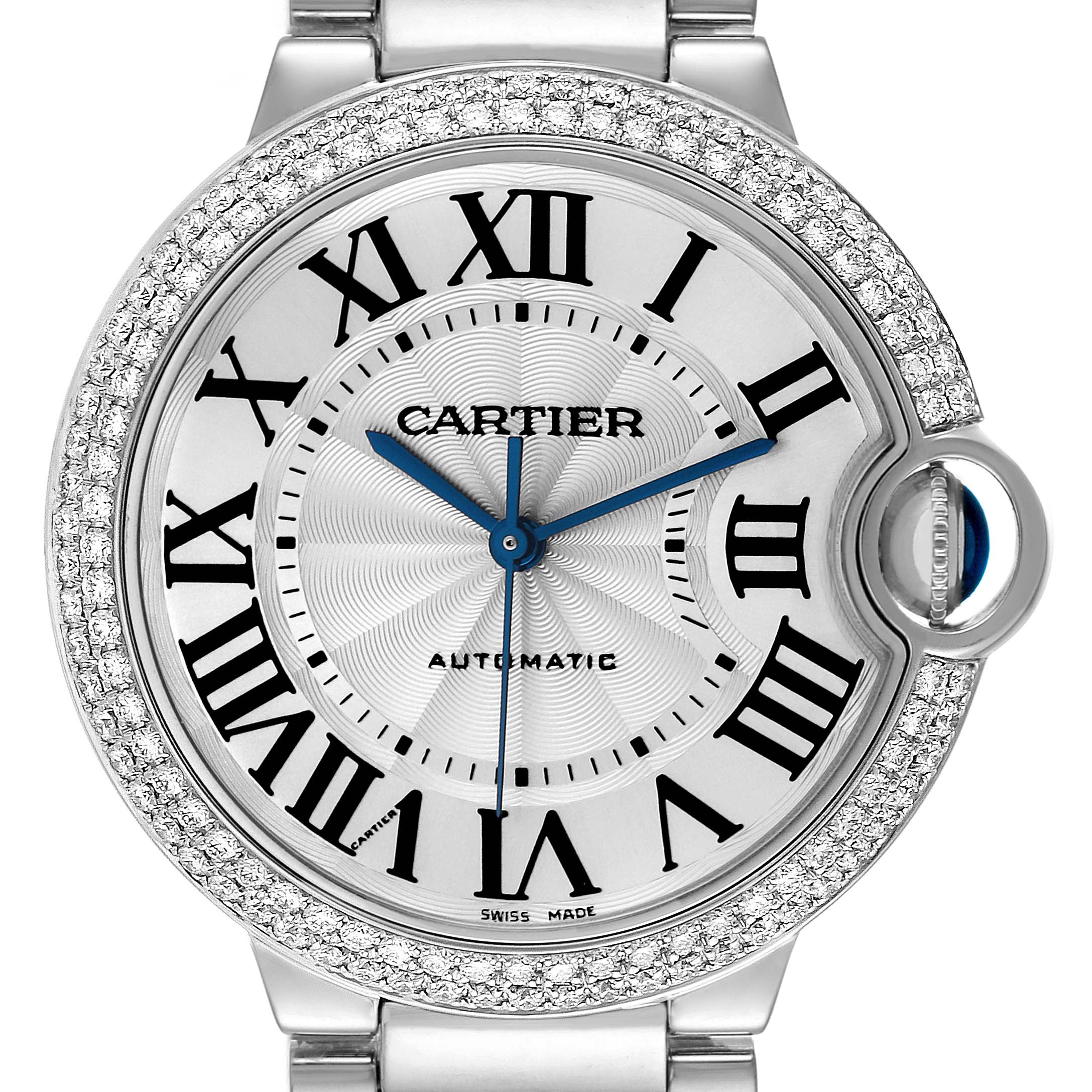 The image shows a close-up, front view of the Cartier Ballon Bleu WE9006Z3 Women's Stainless Steel Silver Dial WE9006Z3 Women's Stainless Steel Silver Dial watch, displaying its elegant face, Roman numerals, and blue hands.
