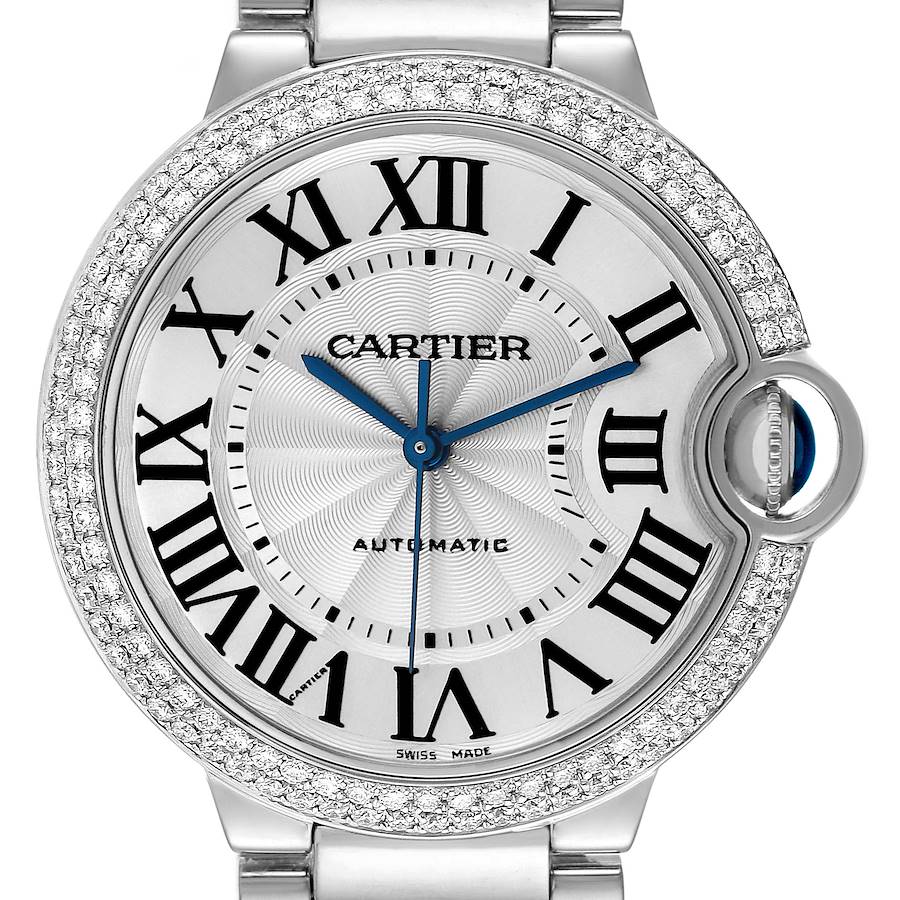 Cartier Ballon Bleu 36mm Automatic White Gold Diamond Watch WE9006Z3 Box Card SwissWatchExpo