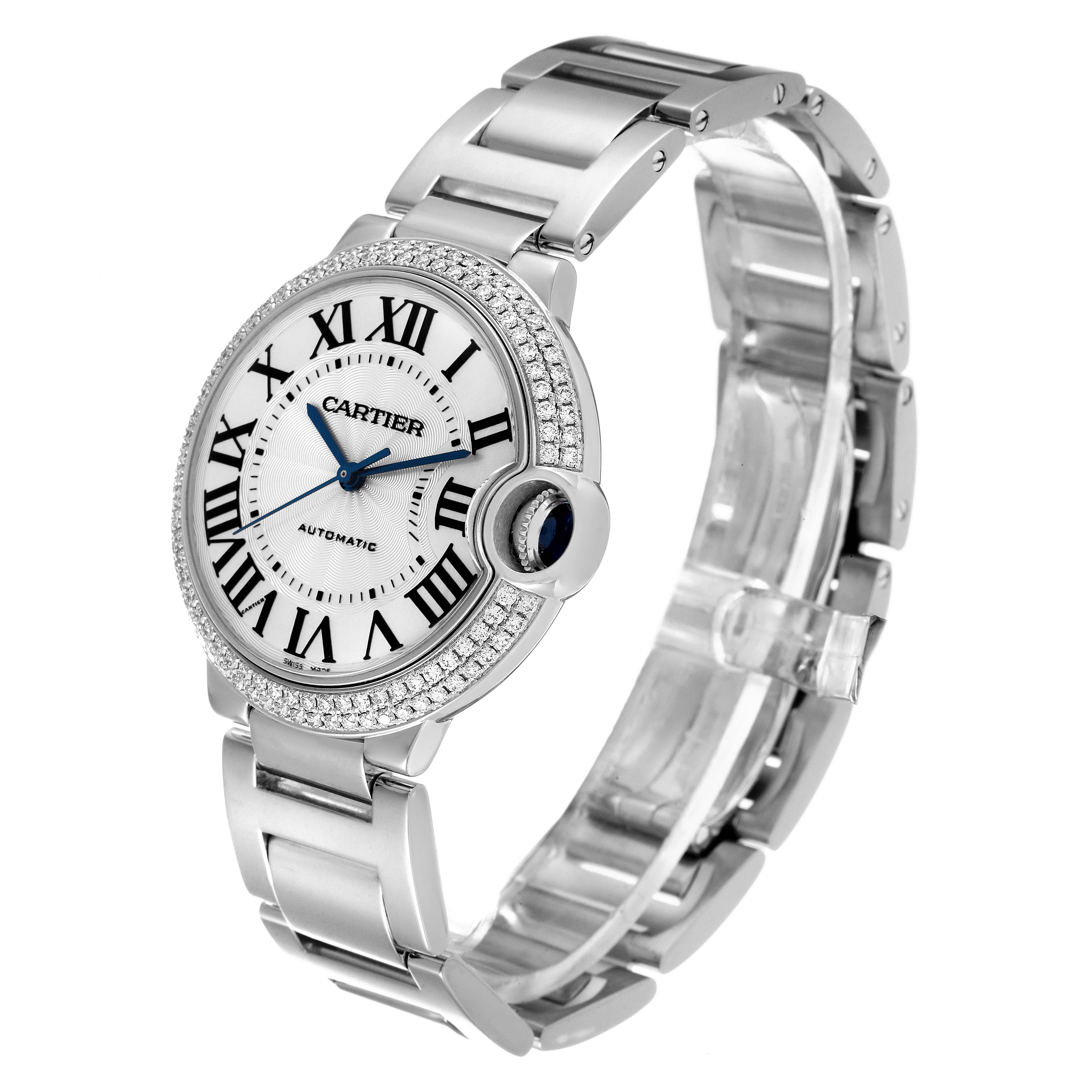 The Cartier Ballon Bleu WE9006Z3 Women's Stainless Steel Silver Dial WE9006Z3 Women's Stainless Steel Silver Dial watch is shown at a slight angle highlighting the face, bezel, and partial bracelet.