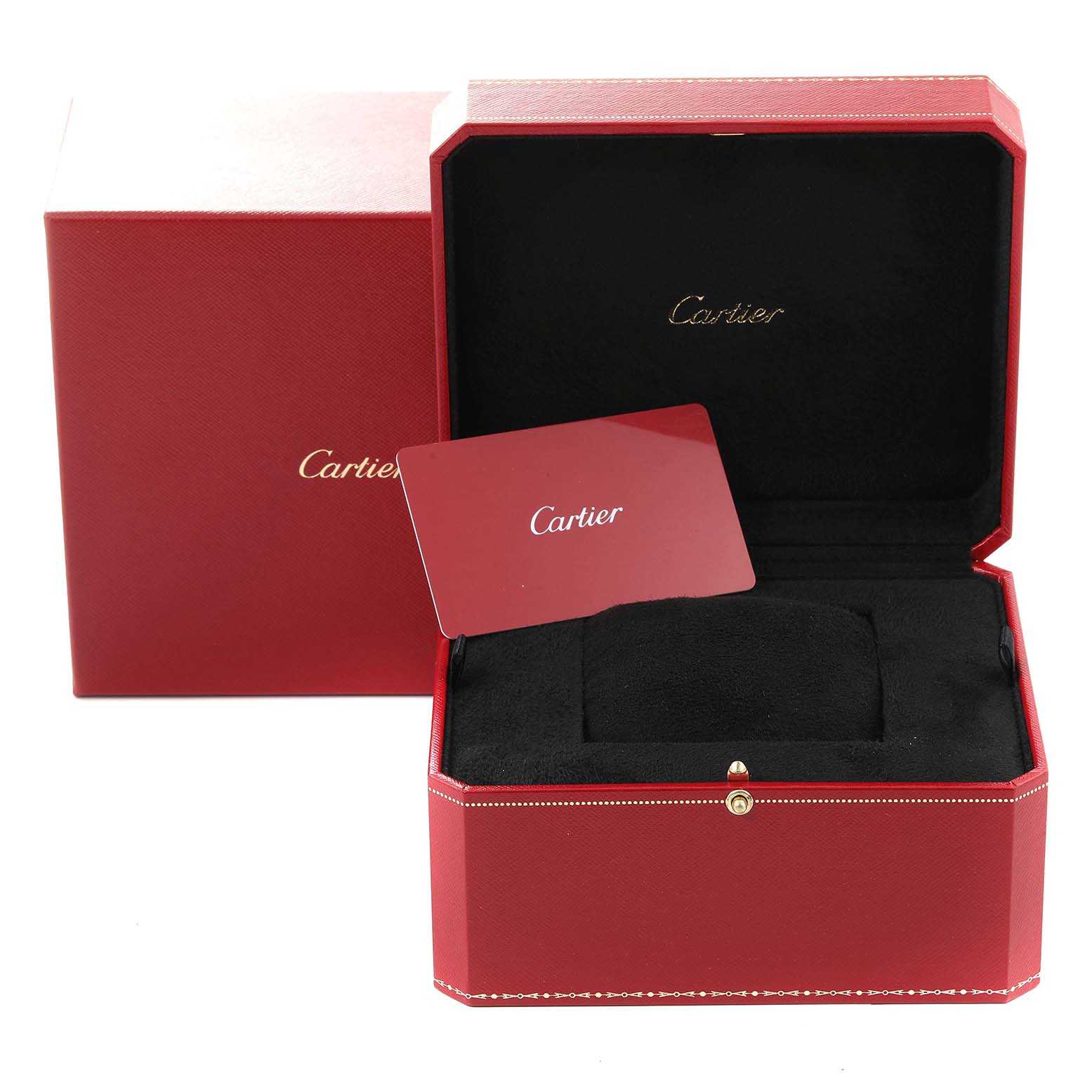 The image shows a Cartier Ballon Bleu WE9006Z3 Women's Stainless Steel Silver Dial WE9006Z3 Women's Stainless Steel Silver Dial watch box and warranty card at a slight angle.