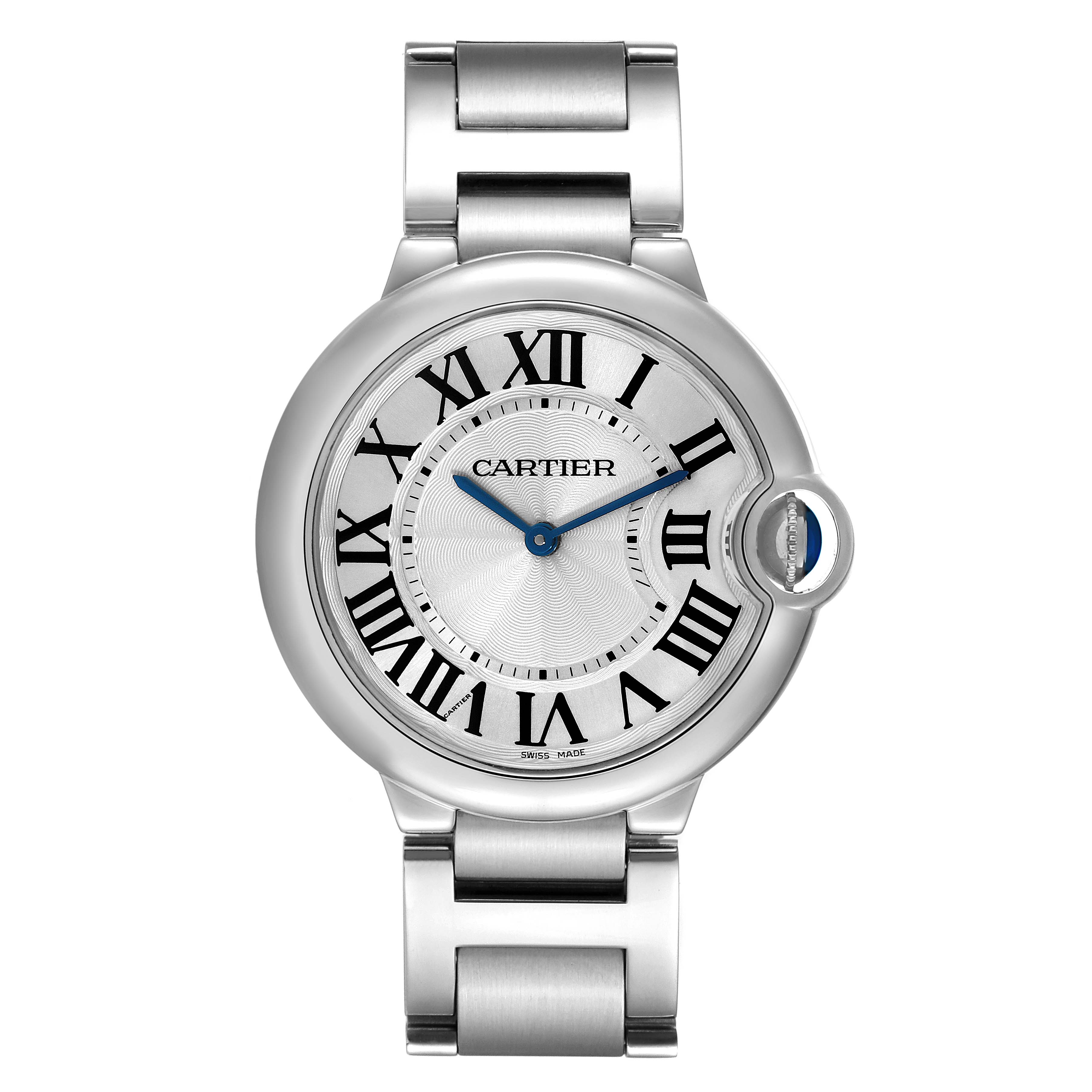 This image shows a head-on view of the Ballon Bleu watch by Cartier, displaying the face, bezel, and bracelet.
