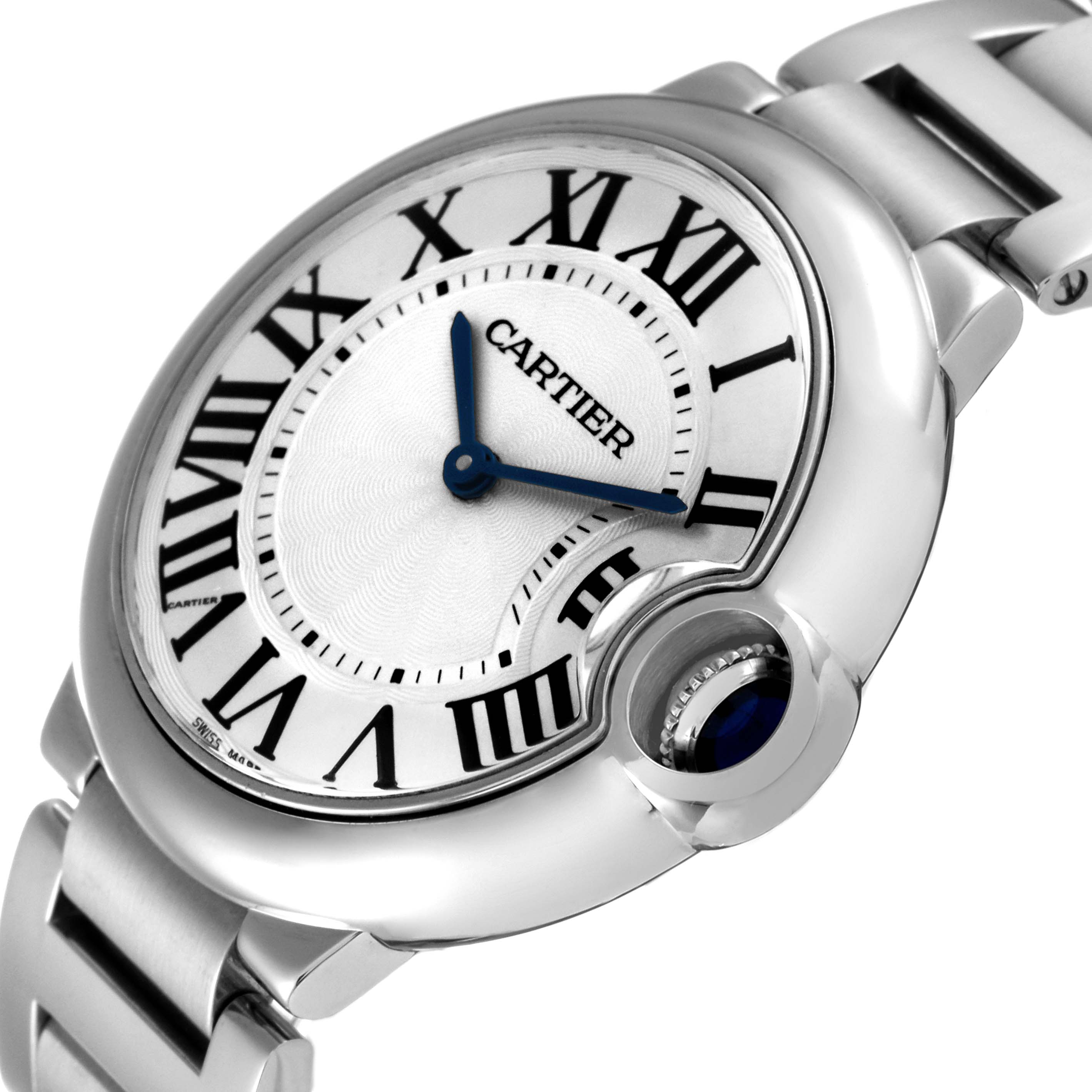 The image shows a close-up of the dial and bracelet of a Cartier Ballon Bleu W69011Z4 Men
s Stainless Steel Silver Dial W69011Z4 Men
s Stainless Steel Silver Dial watch, highlighting its Roman numerals and blue sword-shaped hands.