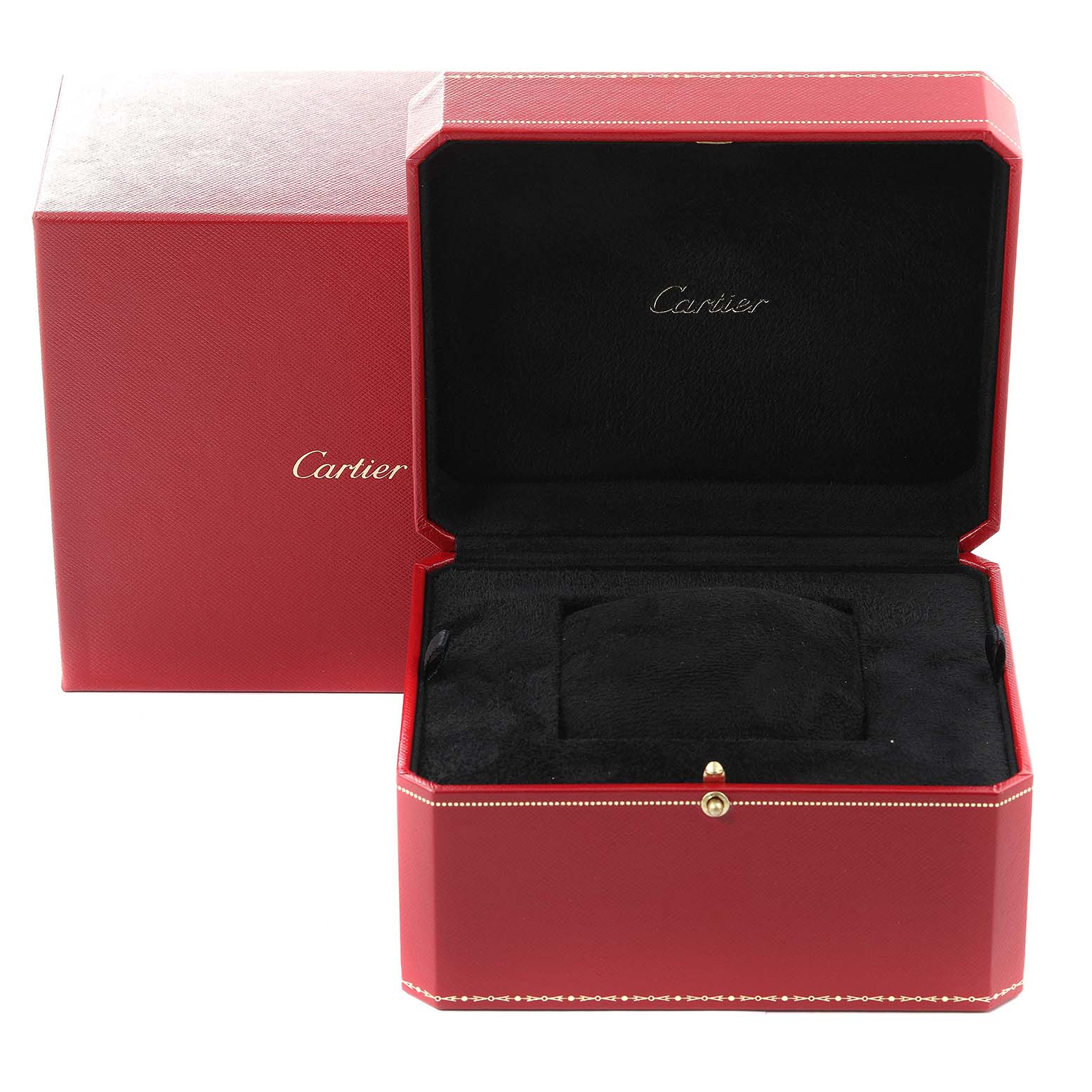 The image shows an open red Cartier box, designed for the Ballon Bleu model, with a cushioned interior.