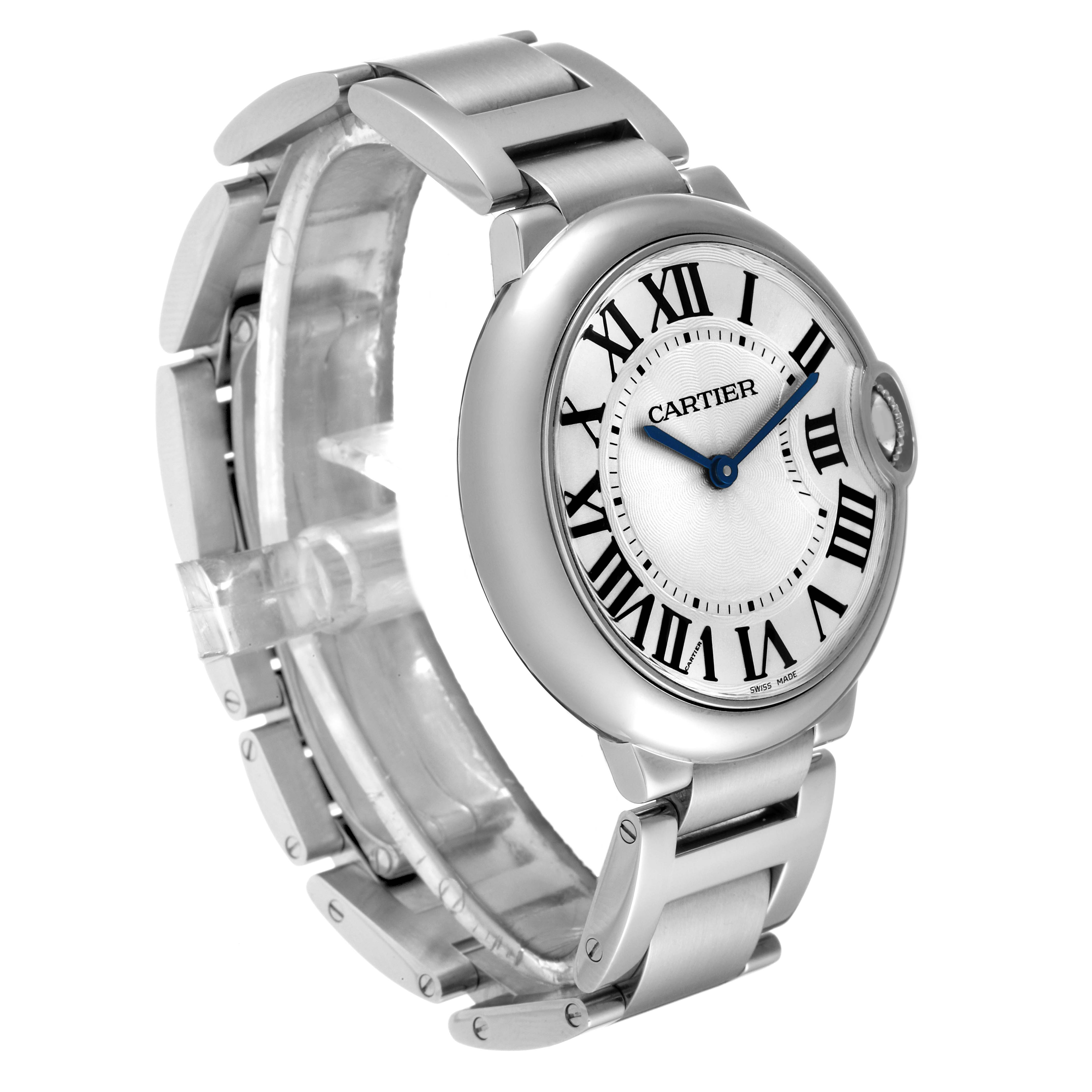 The image shows a Cartier Ballon Bleu W69011Z4 Men
s Stainless Steel Silver Dial W69011Z4 Men
s Stainless Steel Silver Dial watch from a front right angle, highlighting its round face and metal bracelet.