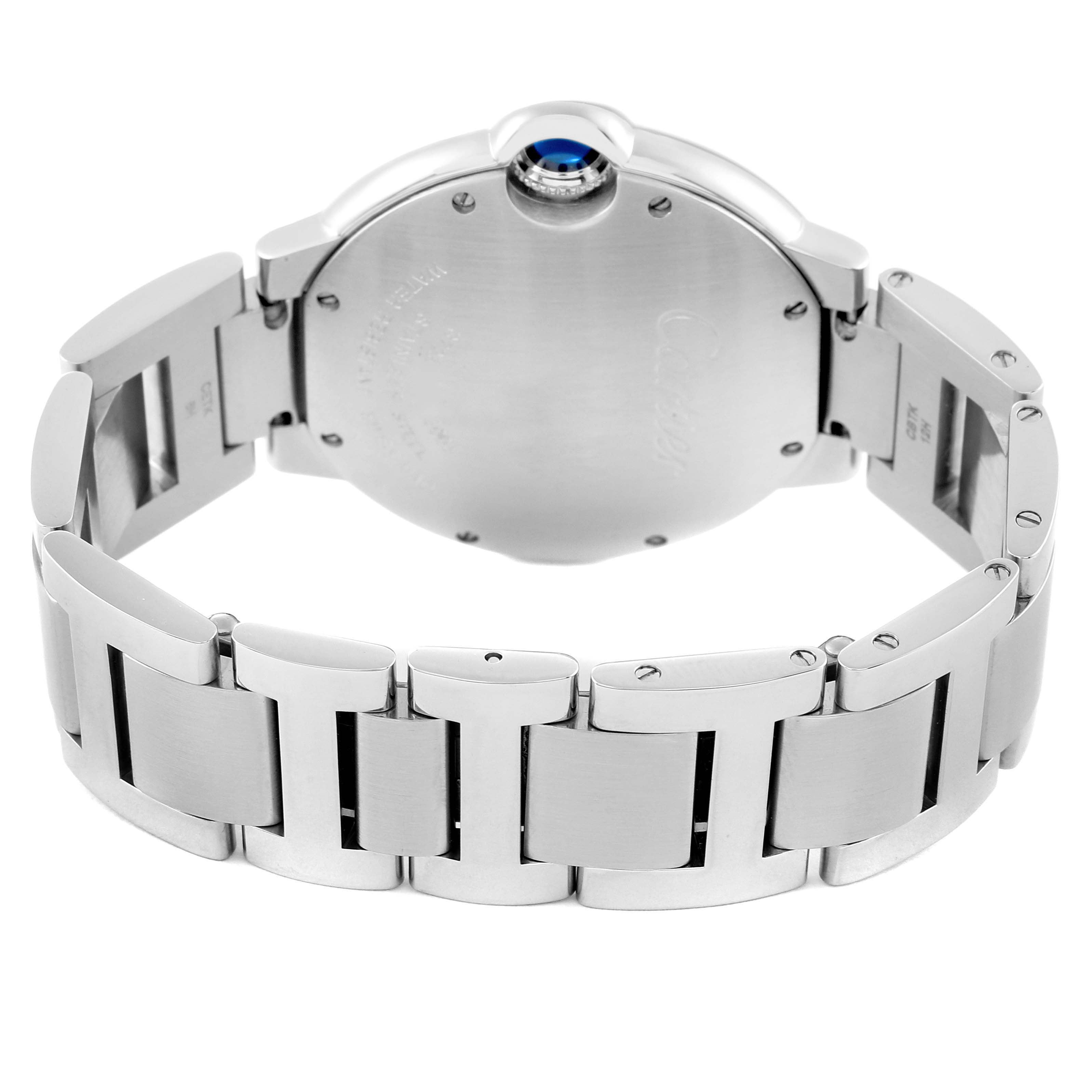The image shows the back view of the Cartier Ballon Bleu W69011Z4 Men
s Stainless Steel Silver Dial W69011Z4 Men
s Stainless Steel Silver Dial watch, focusing on its stainless steel bracelet and caseback.