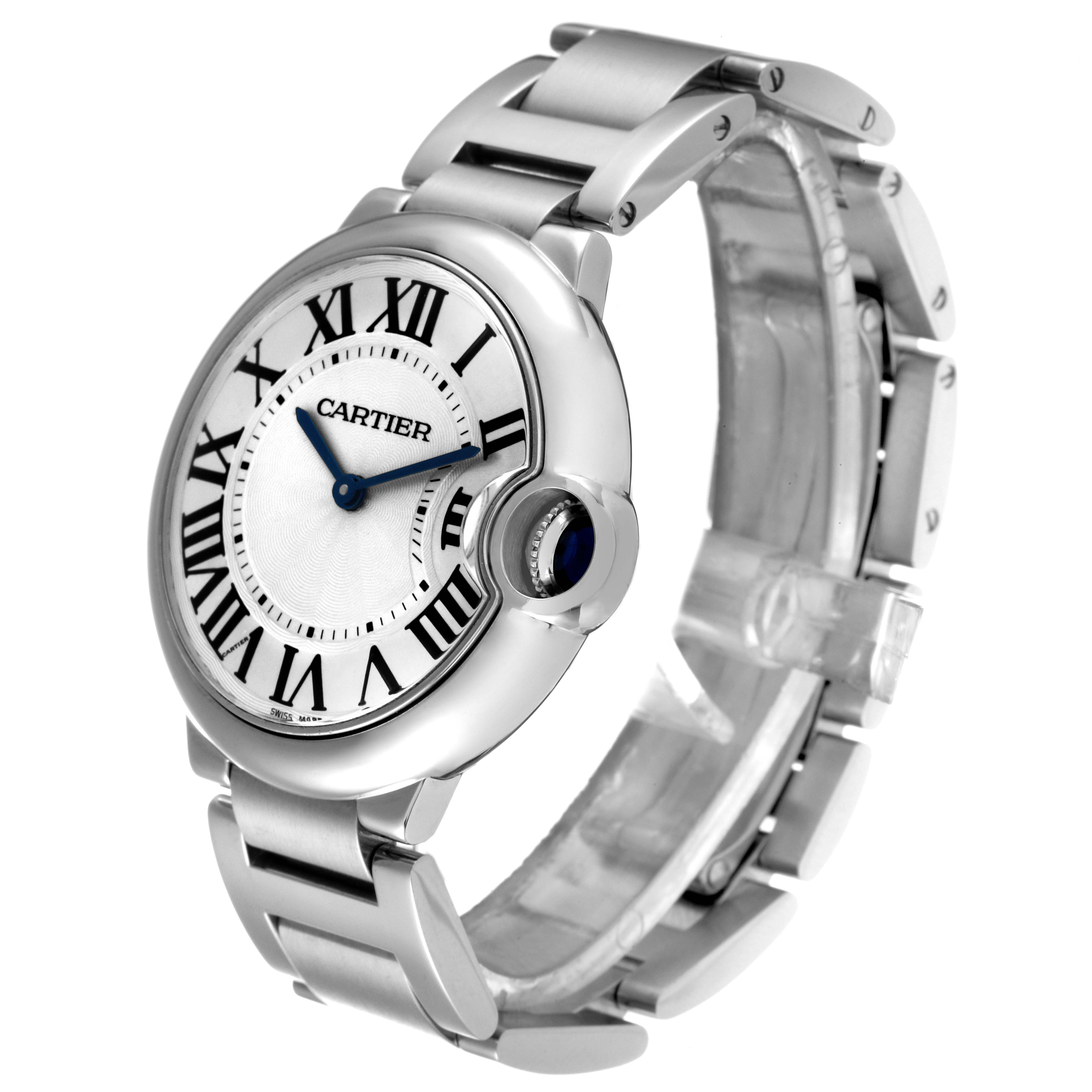 The image shows a Ballon Bleu by Cartier from a side angle, displaying its case, bracelet, and crown.