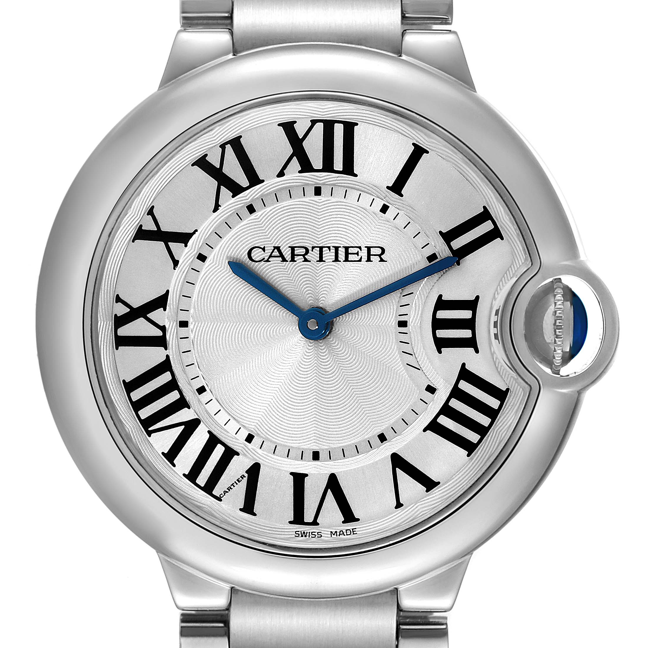 The image shows a close-up of the dial and bezel of the Cartier Ballon Bleu W69011Z4 Men
s Stainless Steel Silver Dial W69011Z4 Men
s Stainless Steel Silver Dial watch, highlighting its Roman numerals and blue hands.