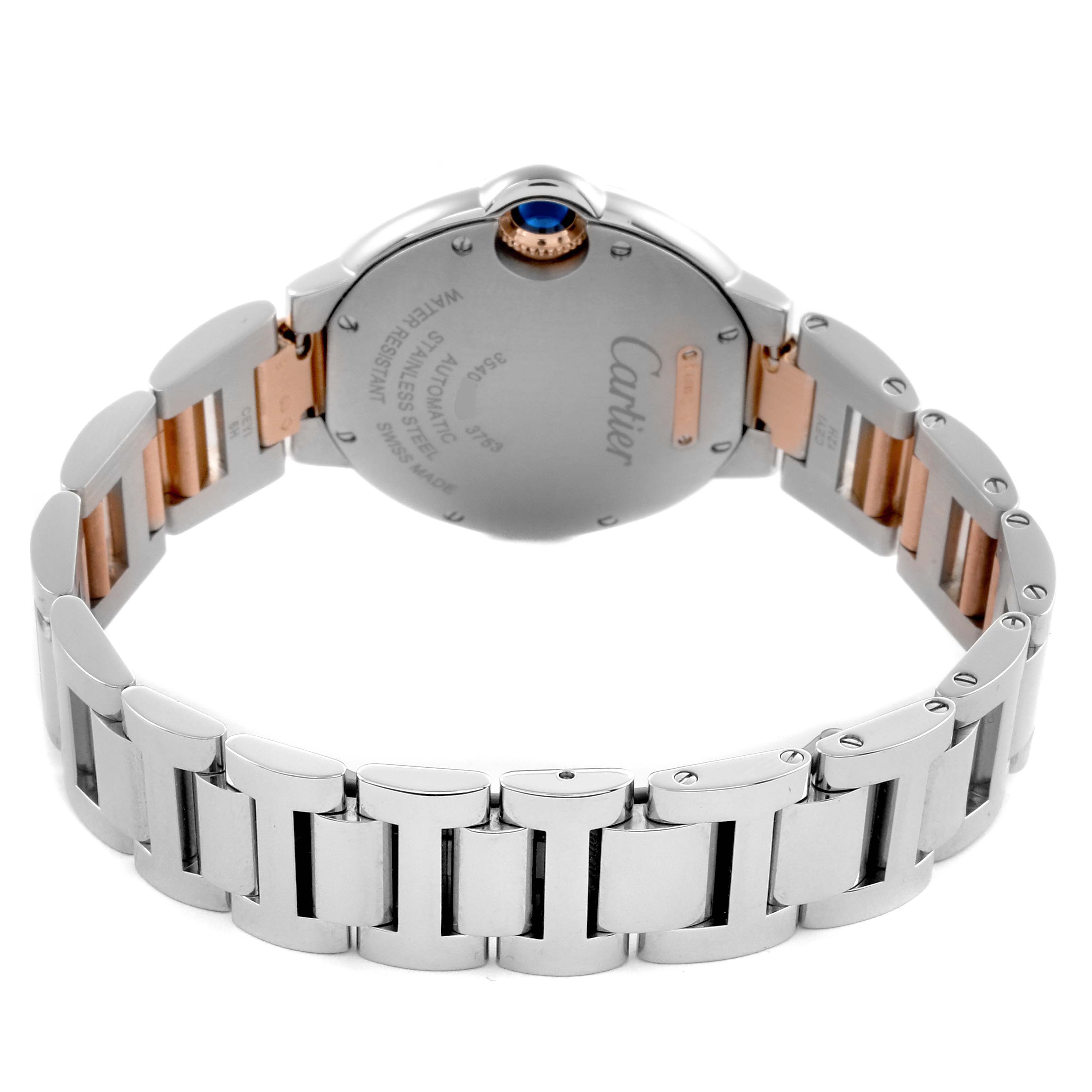 The image shows the back view of a Cartier Ballon Bleu WE902077 Women
s Steel and Gold (two tone) Silver Dial WE902077 Women
s Steel and Gold (two tone) Silver Dial watch, highlighting its bracelet and case back.