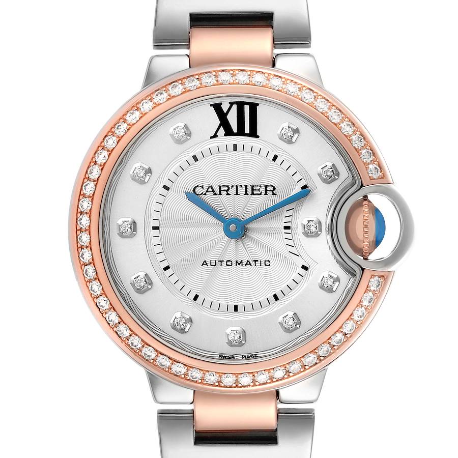 The Ballon Bleu by Cartier is shown from a frontal view, highlighting its diamond-studded bezel and blue hands.