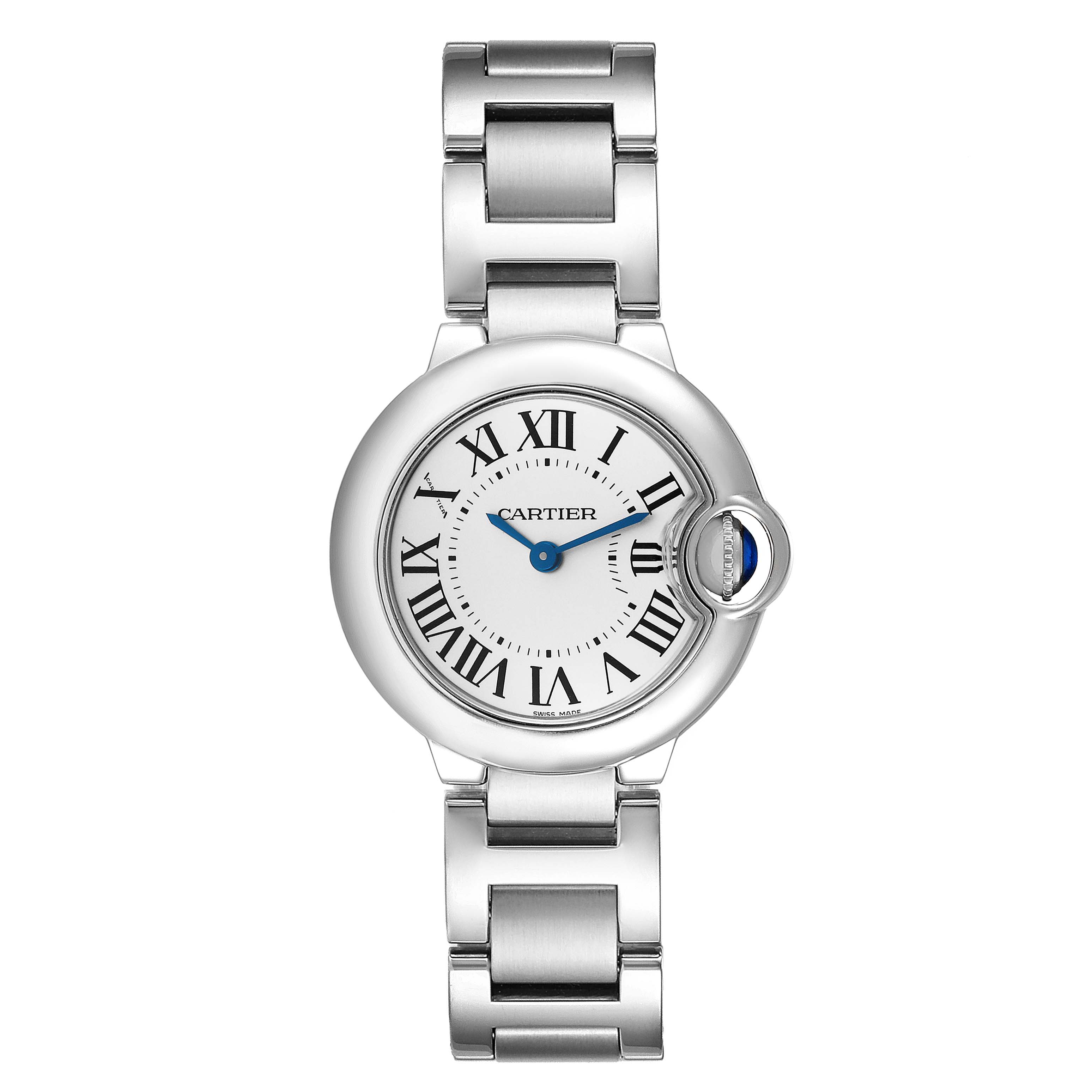 The image shows a front view of the Cartier Ballon Bleu W69010Z4 Women
s Stainless Steel Silver Dial W69010Z4 Women
s Stainless Steel Silver Dial watch, displaying the face, hands, and bracelet.