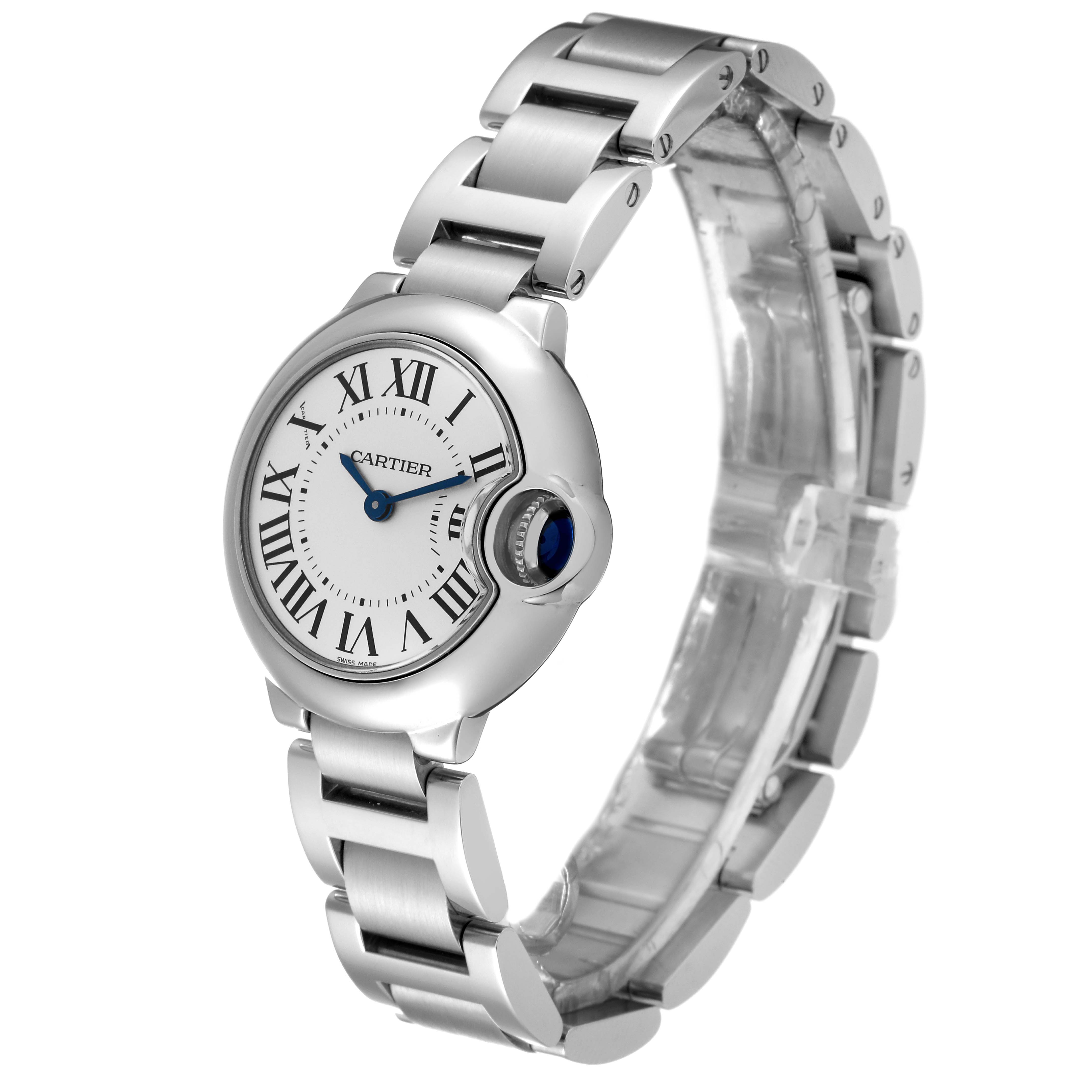 The image shows a Cartier Ballon Bleu W69010Z4 Women
s Stainless Steel Silver Dial W69010Z4 Women
s Stainless Steel Silver Dial watch at an angle highlighting its face, crown, and stainless steel bracelet.