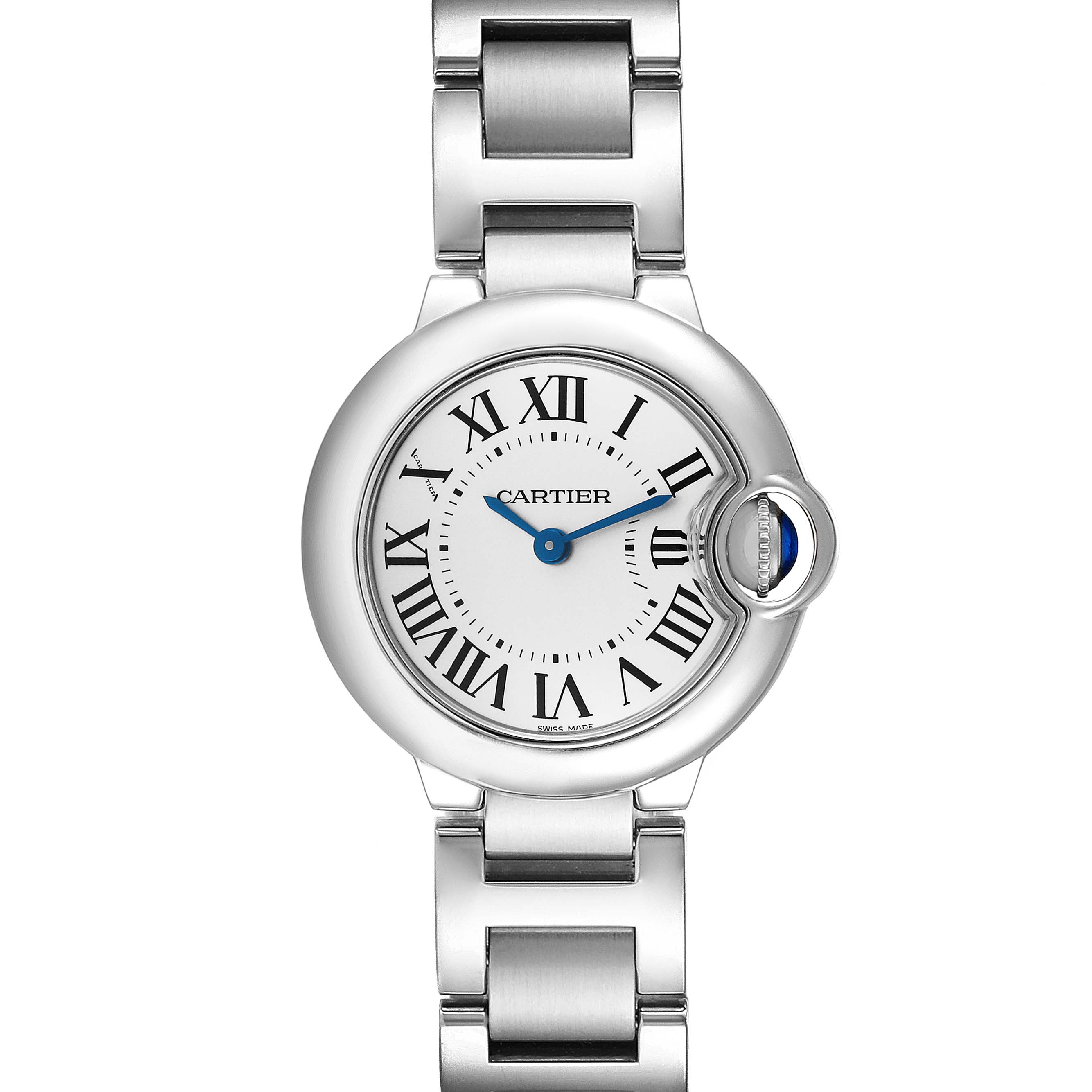 The image shows the dial and bracelet of the Cartier Ballon Bleu W69010Z4 Women
s Stainless Steel Silver Dial W69010Z4 Women
s Stainless Steel Silver Dial watch from a top-down perspective.
