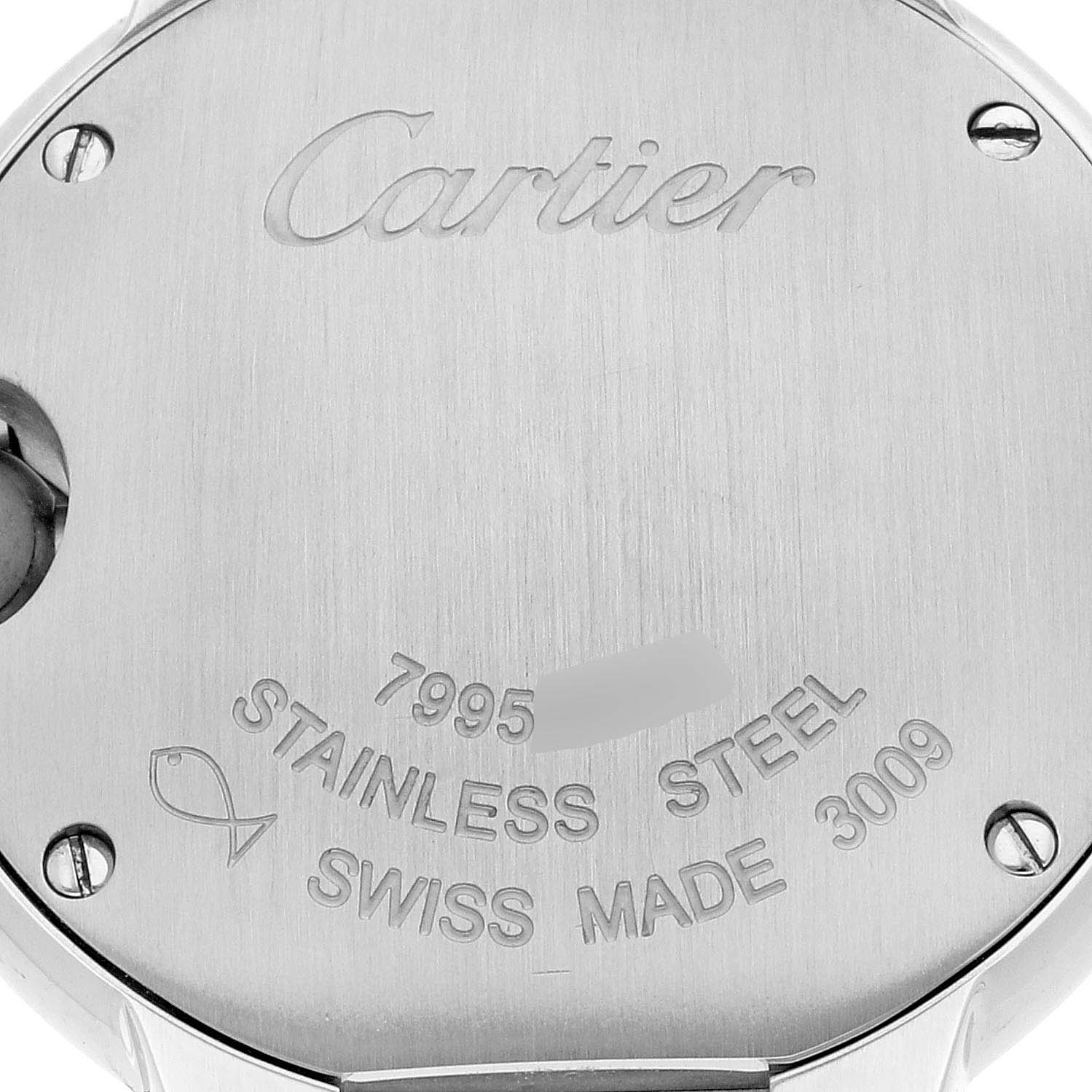 This image shows the back casing of a Ballon Bleu model watch by Cartier, displaying the brand
s engraving and material details.
