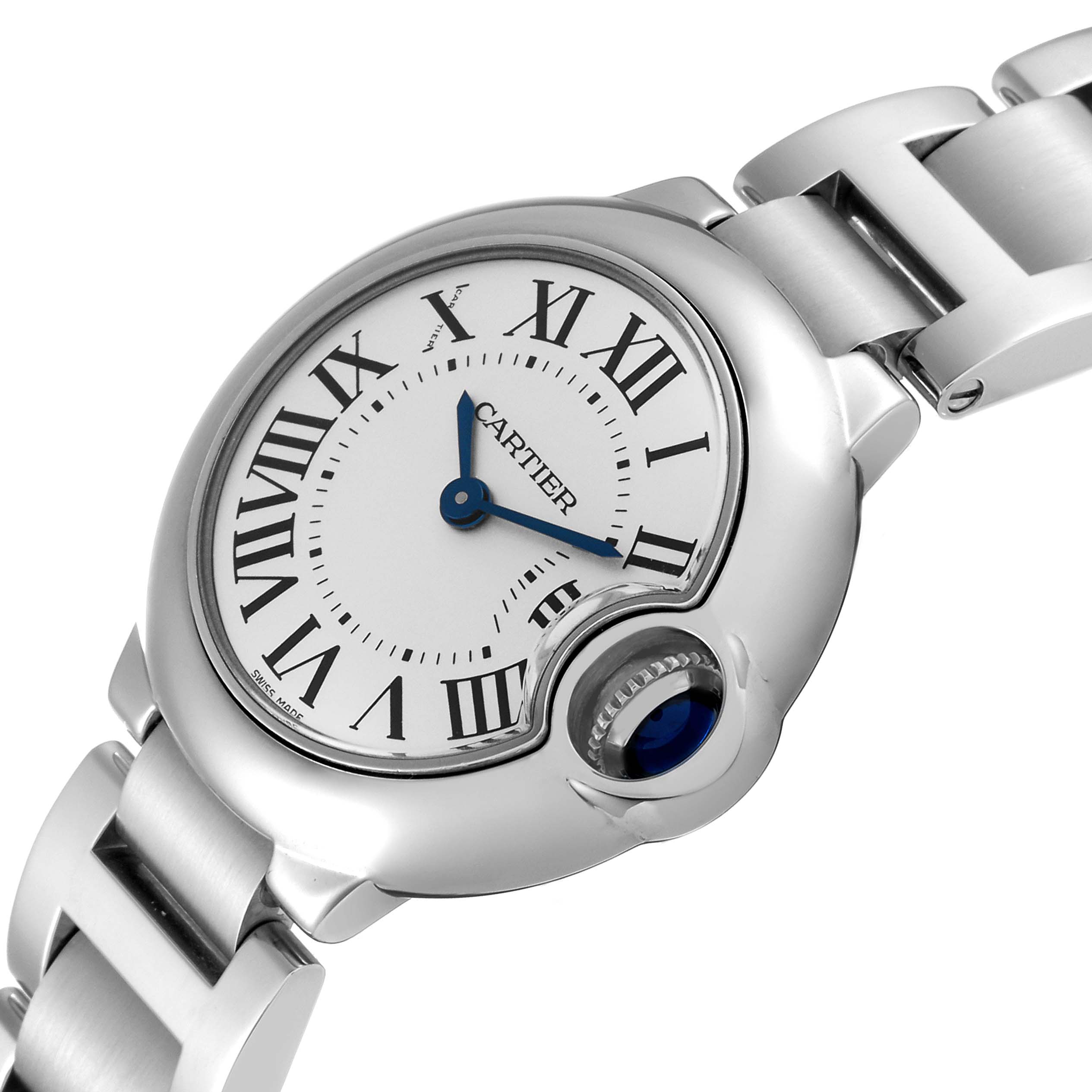 The image shows a close-up angled view of the Cartier Ballon Bleu W69010Z4 Women
s Stainless Steel Silver Dial W69010Z4 Women
s Stainless Steel Silver Dial watch, highlighting its face and bracelet.