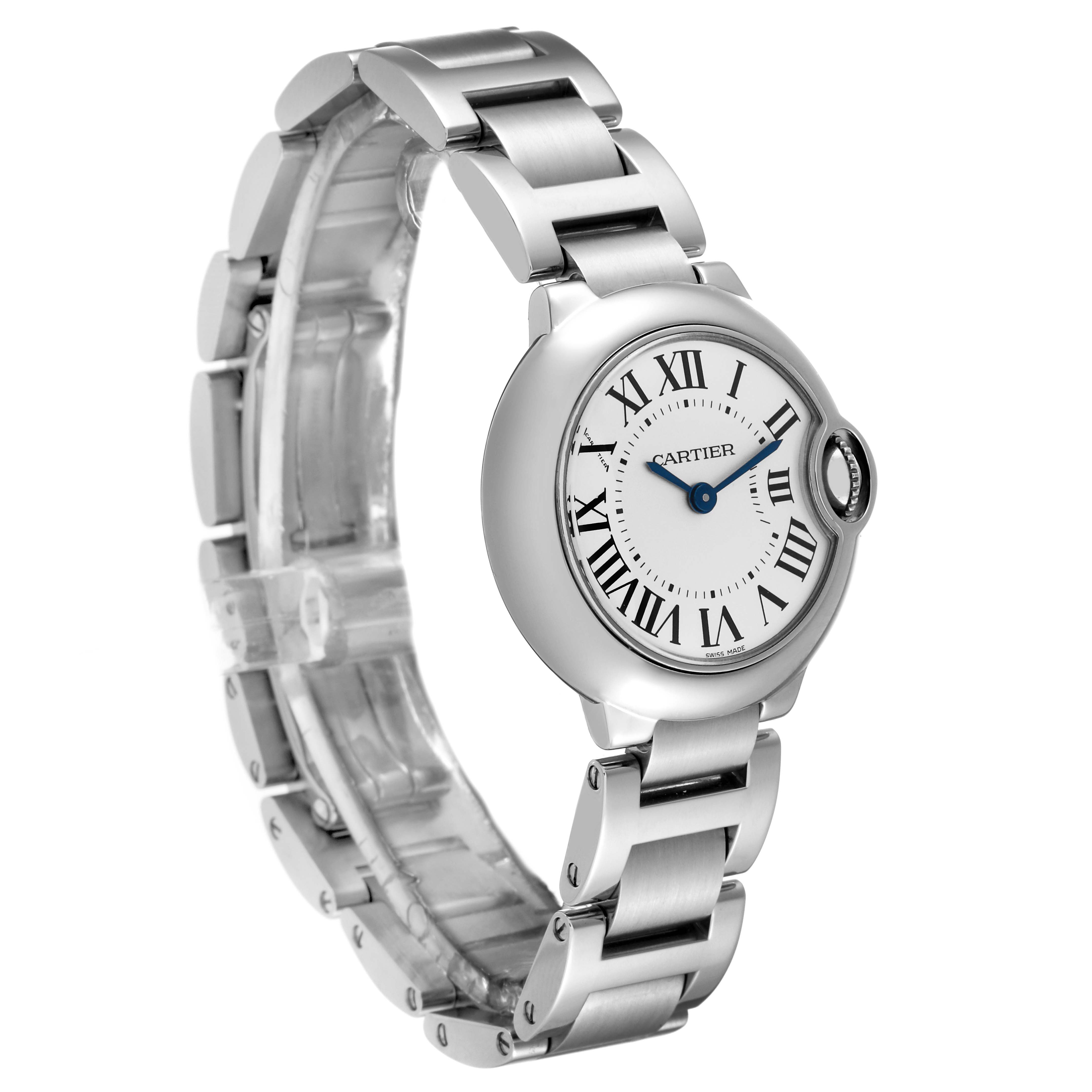 The Cartier Ballon Bleu W69010Z4 Women
s Stainless Steel Silver Dial W69010Z4 Women
s Stainless Steel Silver Dial watch is shown at a slight angle, highlighting its round face, Roman numeral dial, unique crown, and metal bracelet.