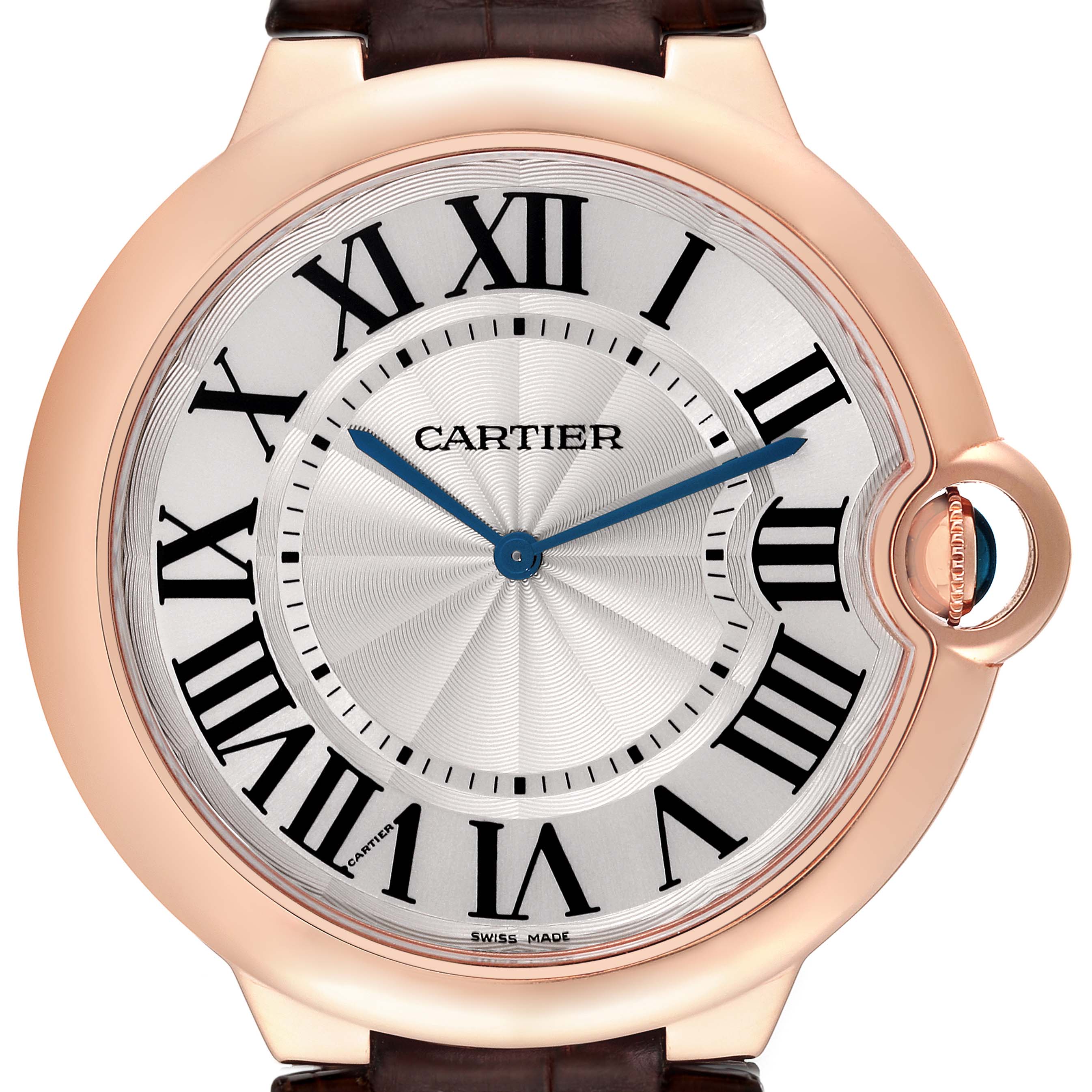 This image shows the face of the Cartier Ballon Bleu W6920054 Men
s Rose Gold Silver Dial W6920054 Men
s Rose Gold Silver Dial watch, highlighting its Roman numeral dial, blue hands, and crown.