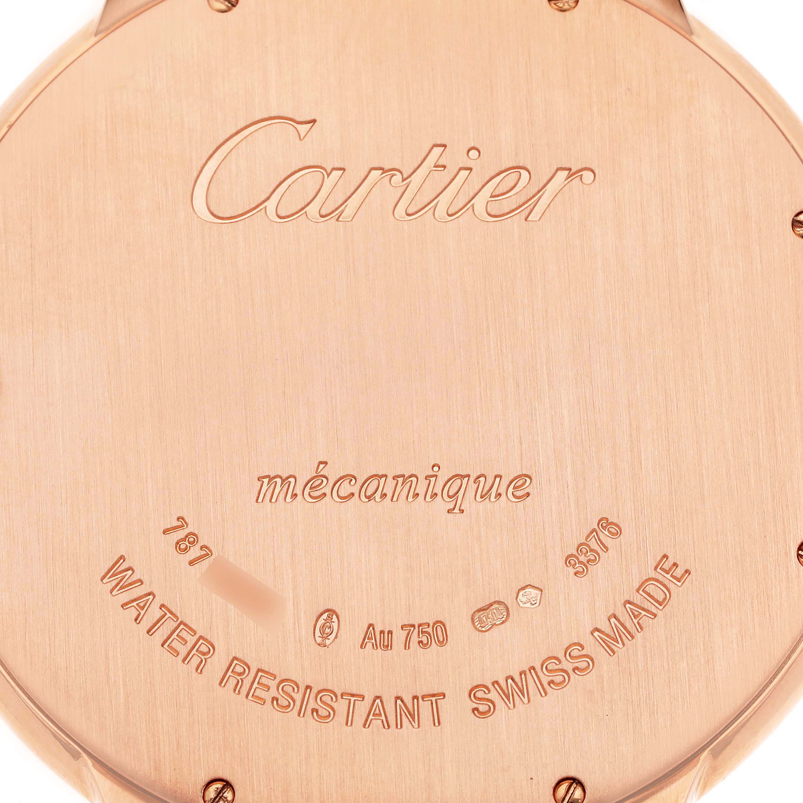 The image shows the back case of a Cartier Ballon Bleu W6920054 Men
s Rose Gold Silver Dial W6920054 Men
s Rose Gold Silver Dial watch, highlighting engravings and water resistance details.