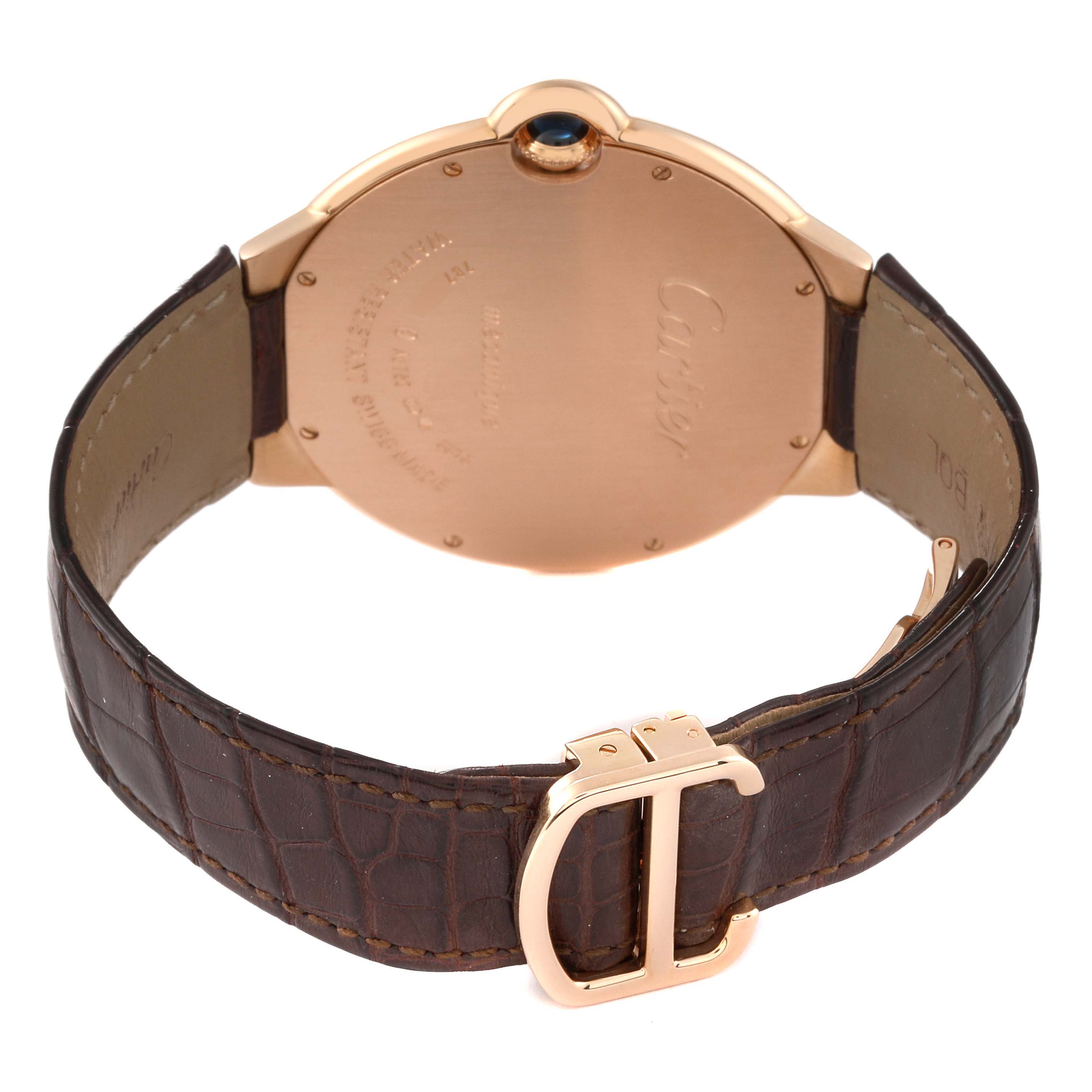 This image shows the back view of a Ballon Bleu de Cartier watch, highlighting its case, crown, and leather strap with a buckle.