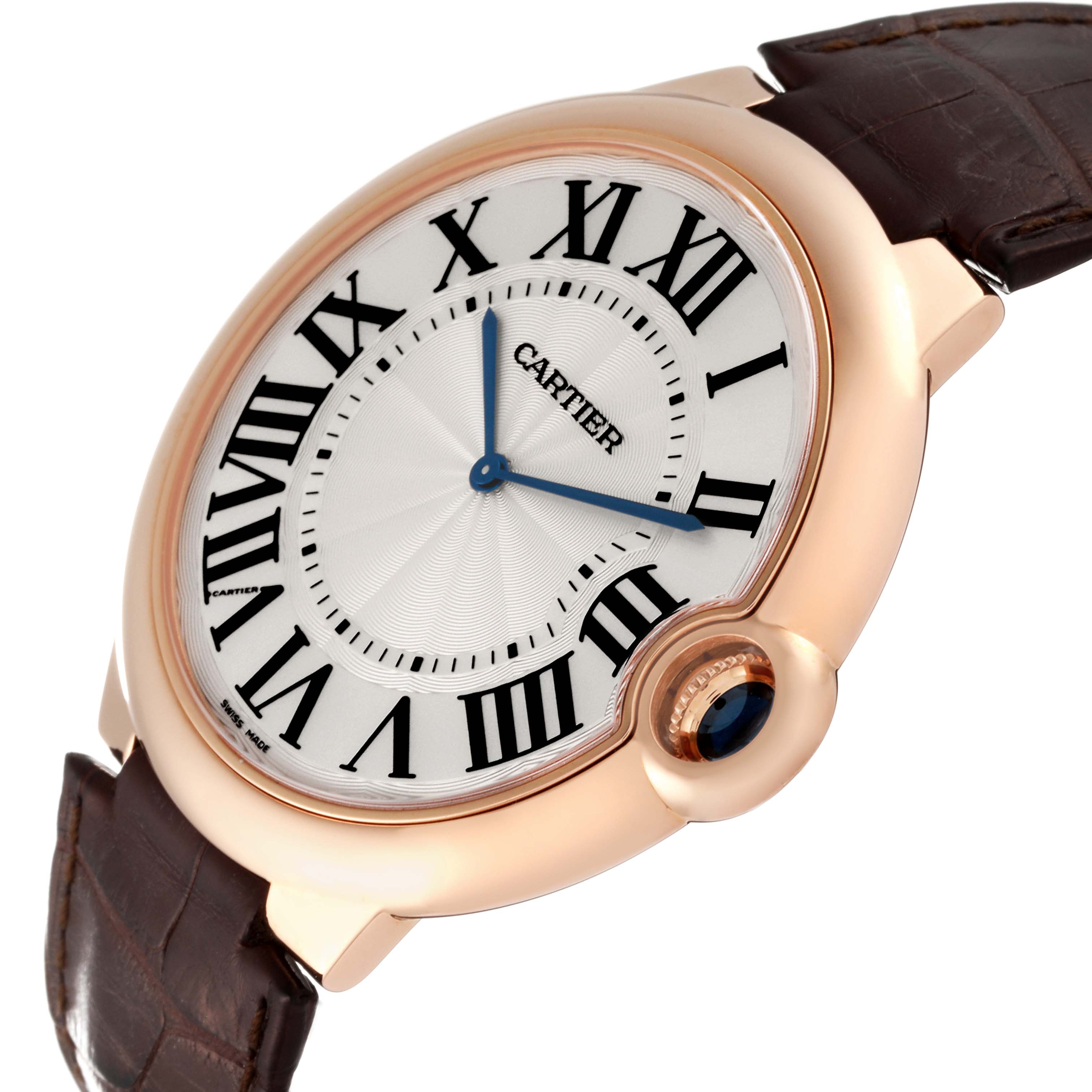This Cartier Ballon Bleu W6920054 Men
s Rose Gold Silver Dial W6920054 Men
s Rose Gold Silver Dial watch is shown from an angled side view, highlighting its rose gold case, Roman numeral dial, and leather strap.