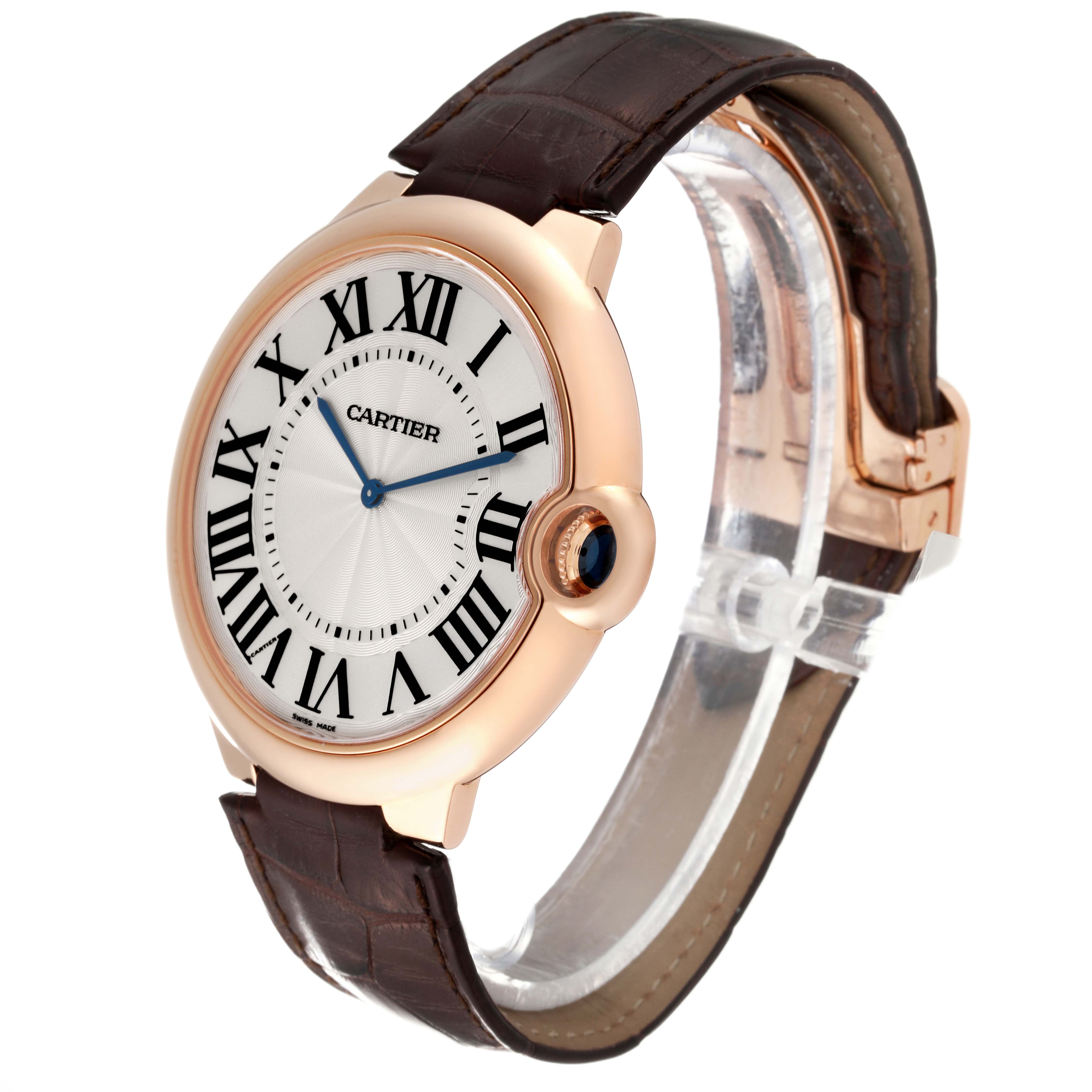 The image shows a Cartier Ballon Bleu W6920054 Men
s Rose Gold Silver Dial W6920054 Men
s Rose Gold Silver Dial watch from a front-side angle, highlighting its face, strap, and crown.