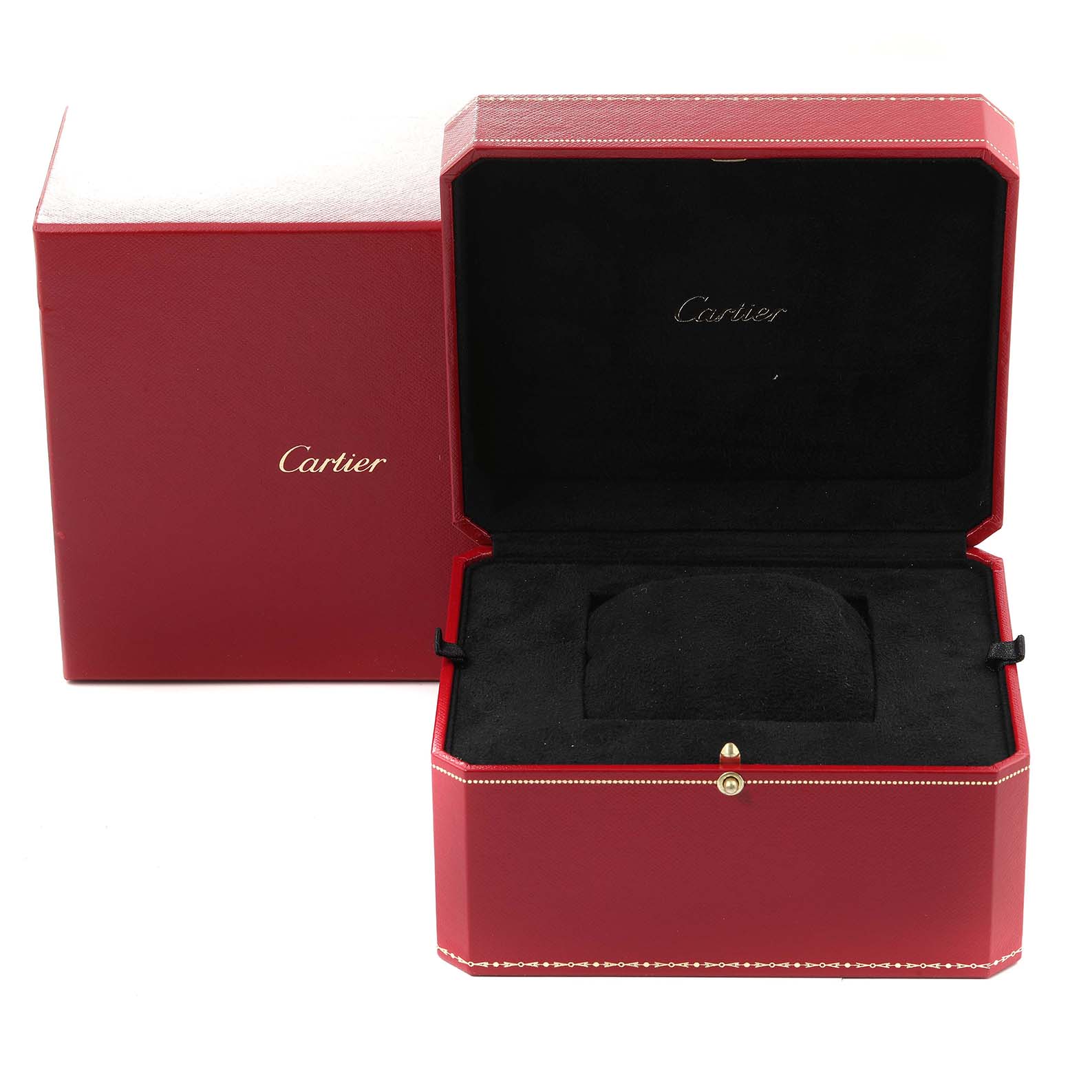 The image shows an open red Cartier watch box for the Ballon Bleu model, with the Cartier logo visible inside.