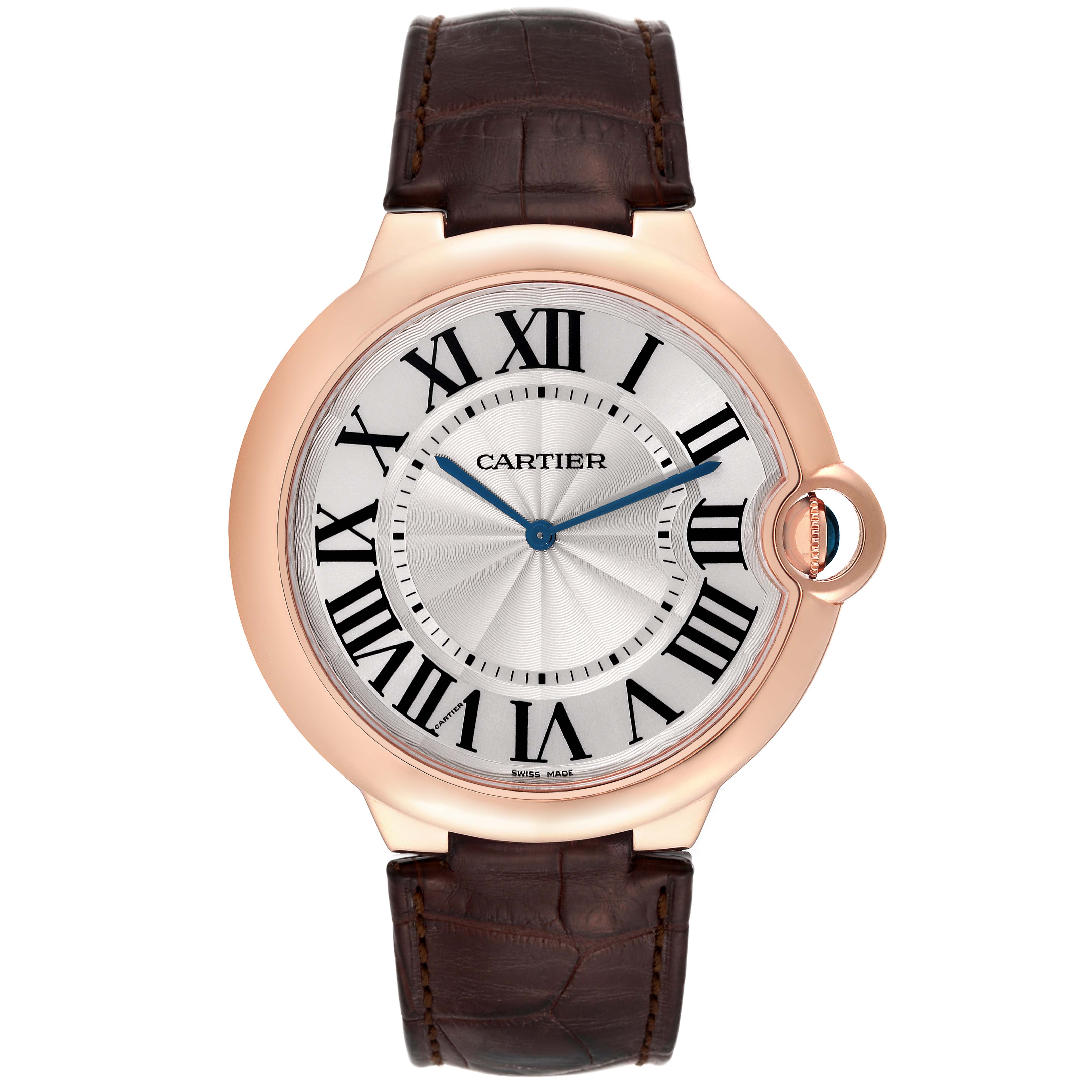 This image shows a front view of the Ballon Bleu de Cartier watch, highlighting its dial, case, and leather strap.