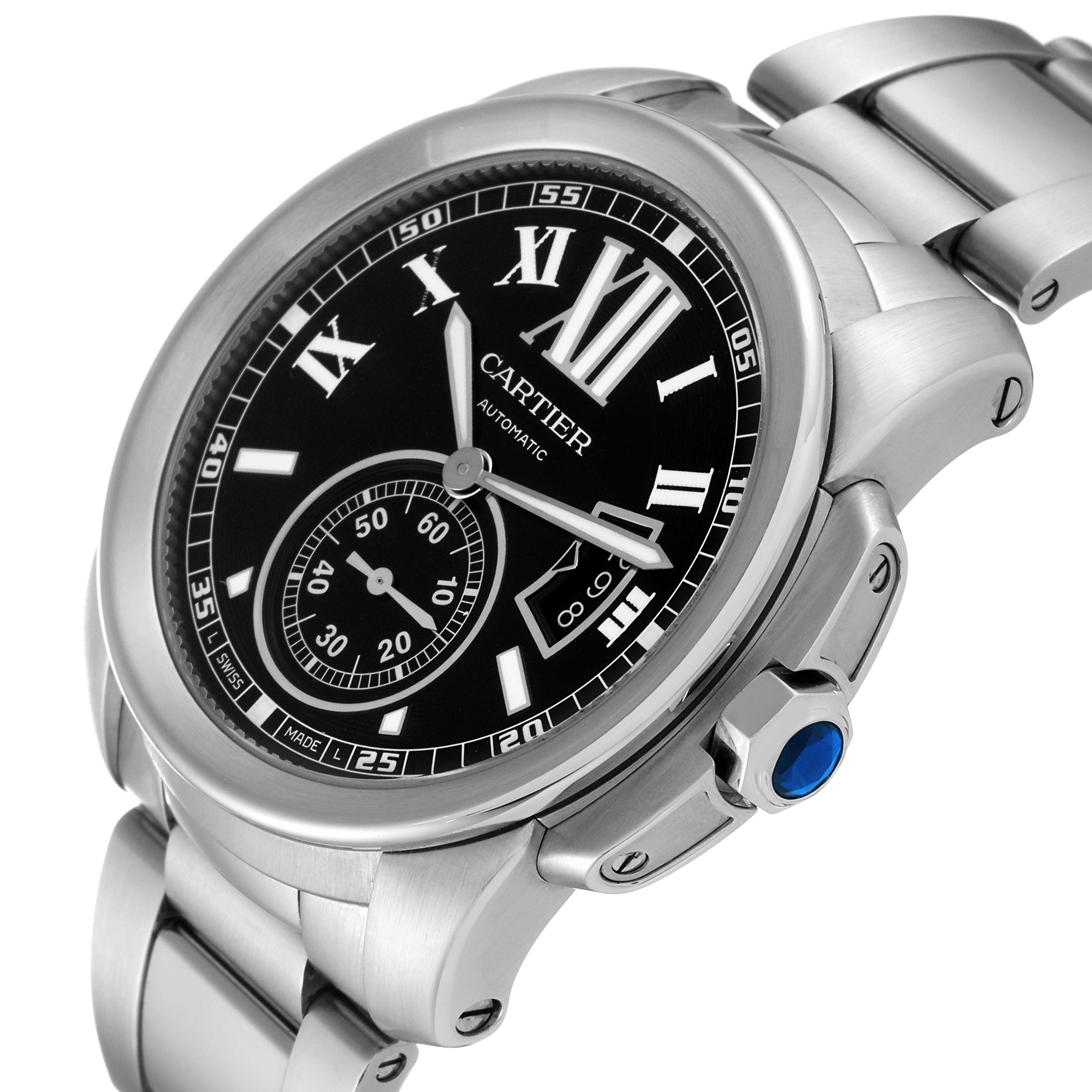 The Calibre de Cartier watch by Cartier is shown at a slight angle, displaying the face, bezel, crown, and part of the bracelet.