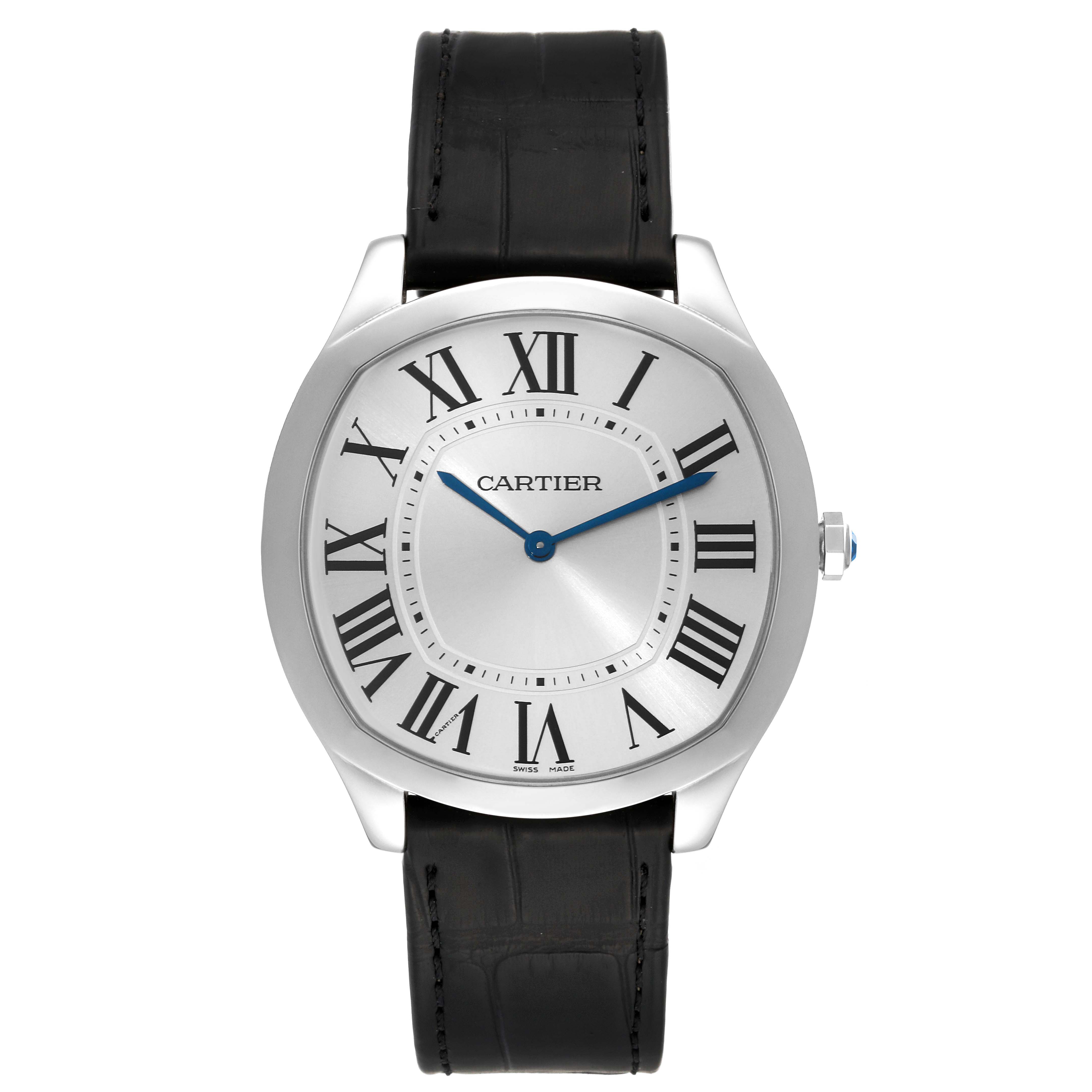 The image shows a Drive de Cartier watch by Cartier from a front angle, displaying the dial, Roman numerals, and black leather strap.