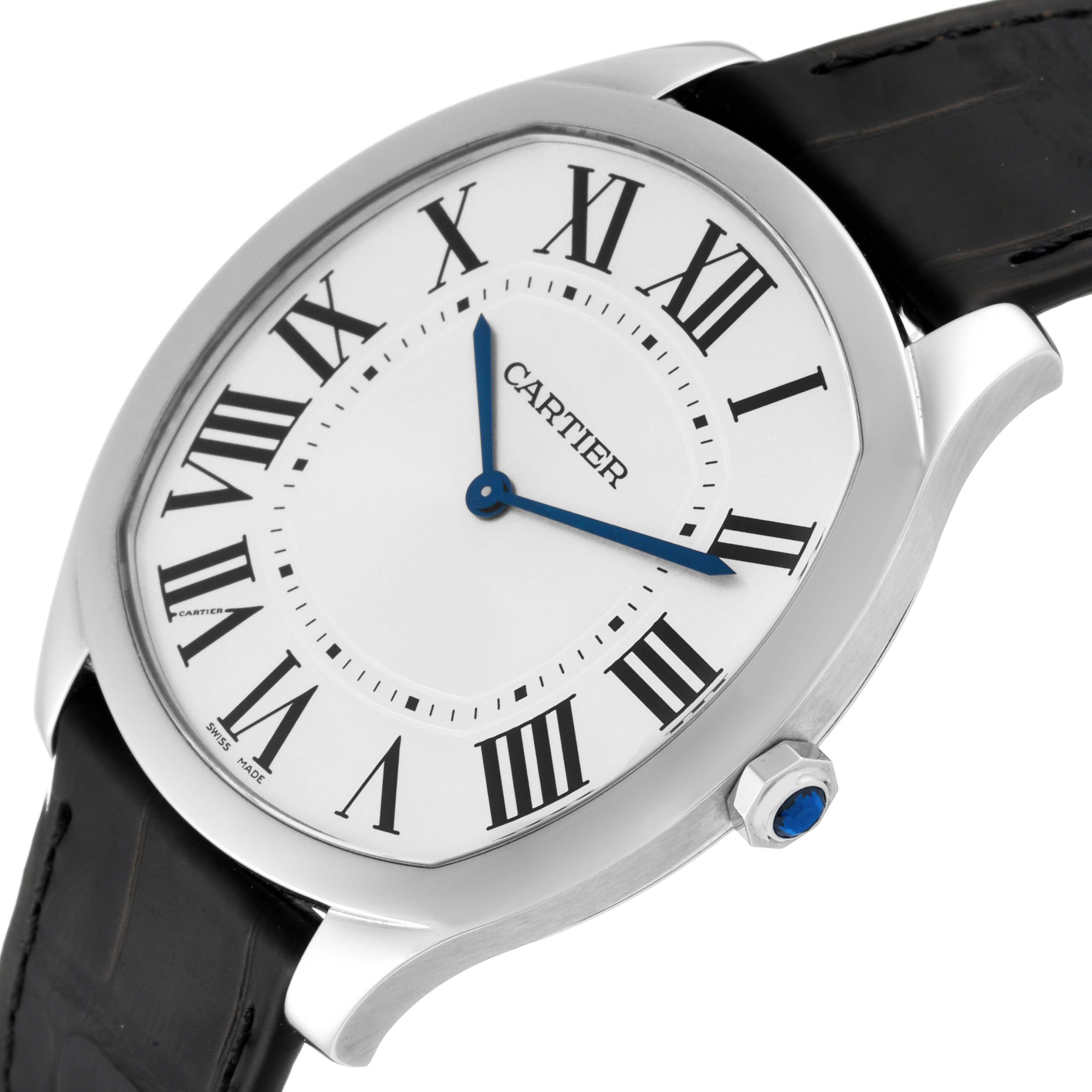 The image shows a side angle of the Drive de Cartier watch by Cartier, featuring the face, bezel, and crown with a leather strap.