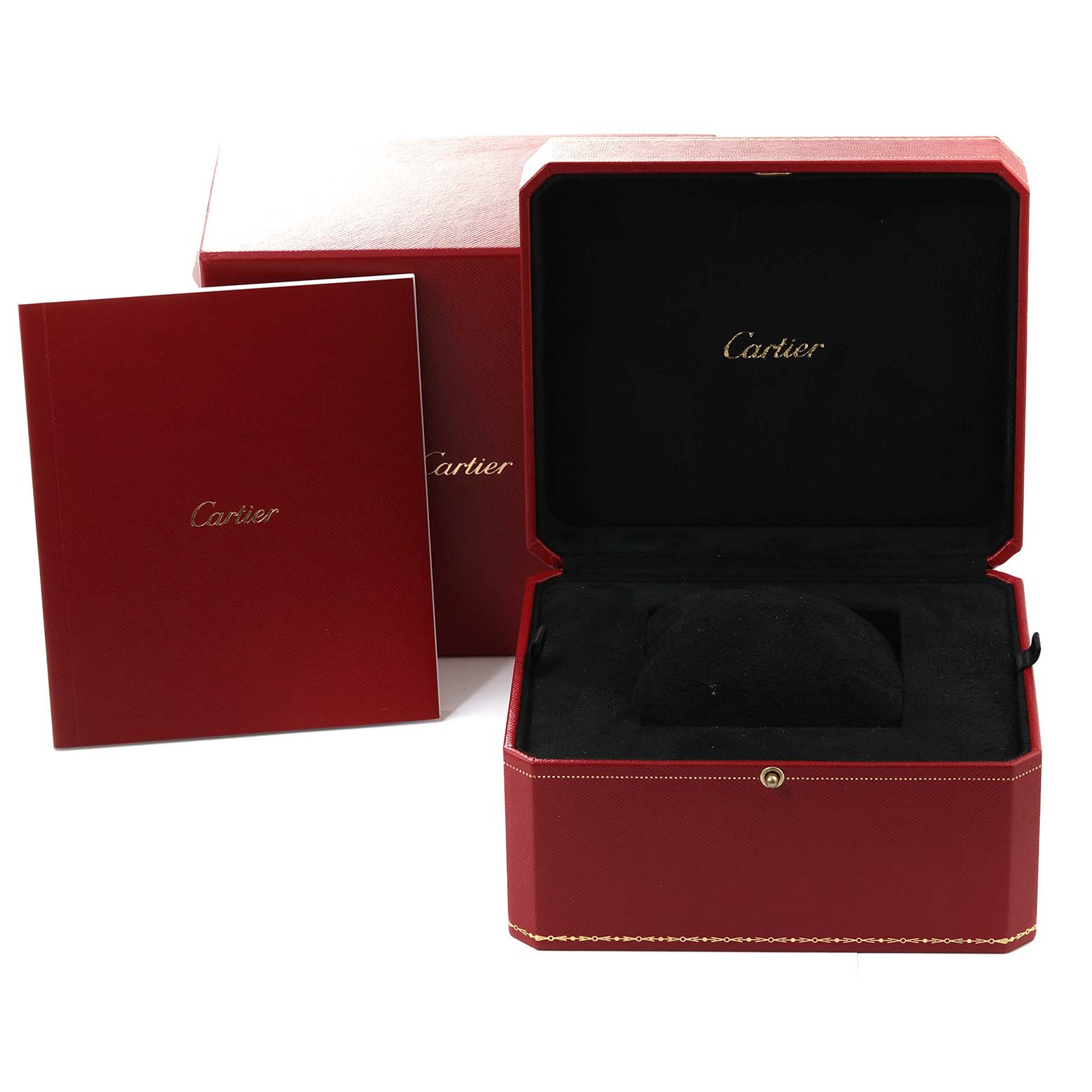 The image shows the packaging for a Drive de Cartier watch by Cartier, including a red display box and a booklet.
