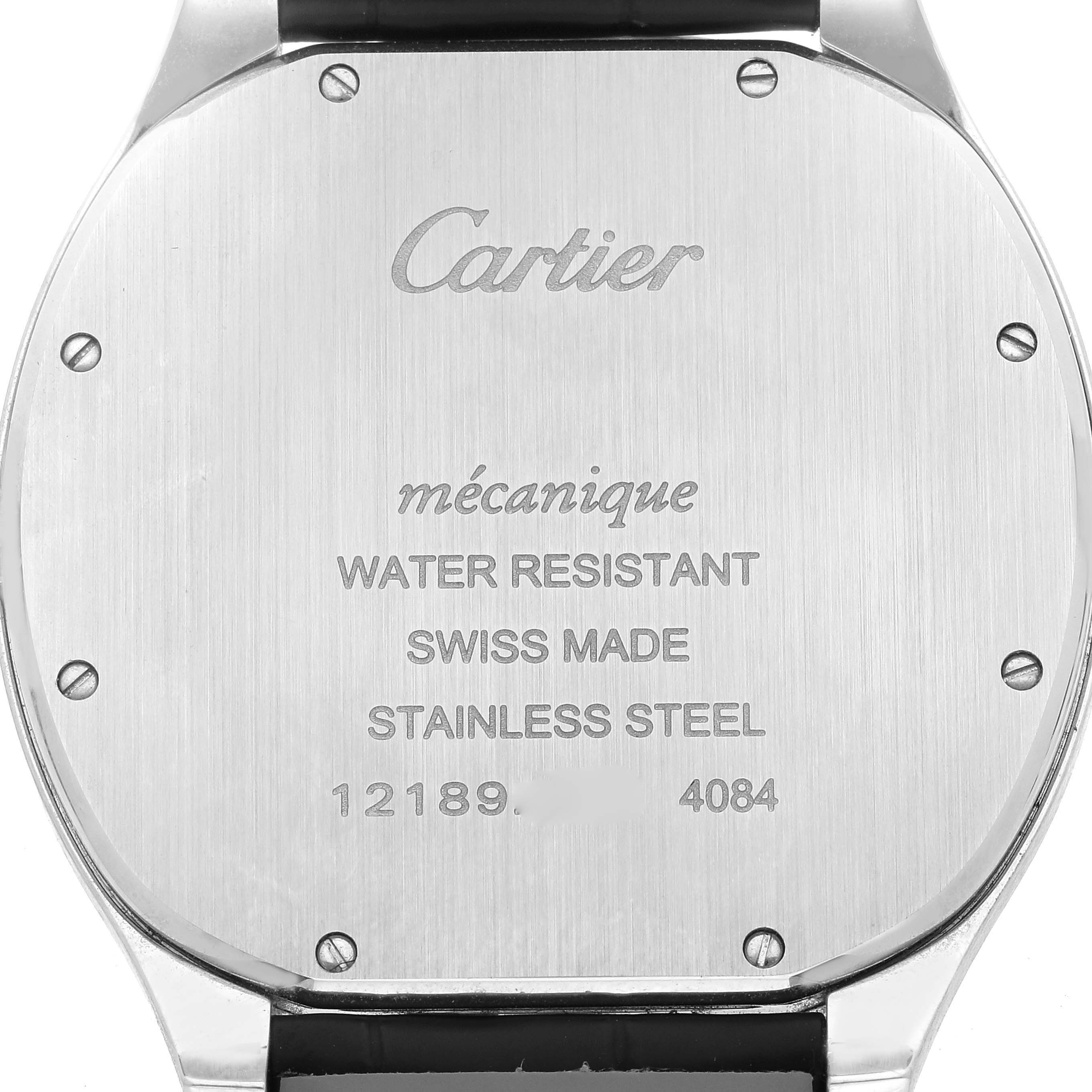 This image shows the back case of a Drive de Cartier watch by Cartier, highlighting its water resistance, Swiss made, and stainless steel features.