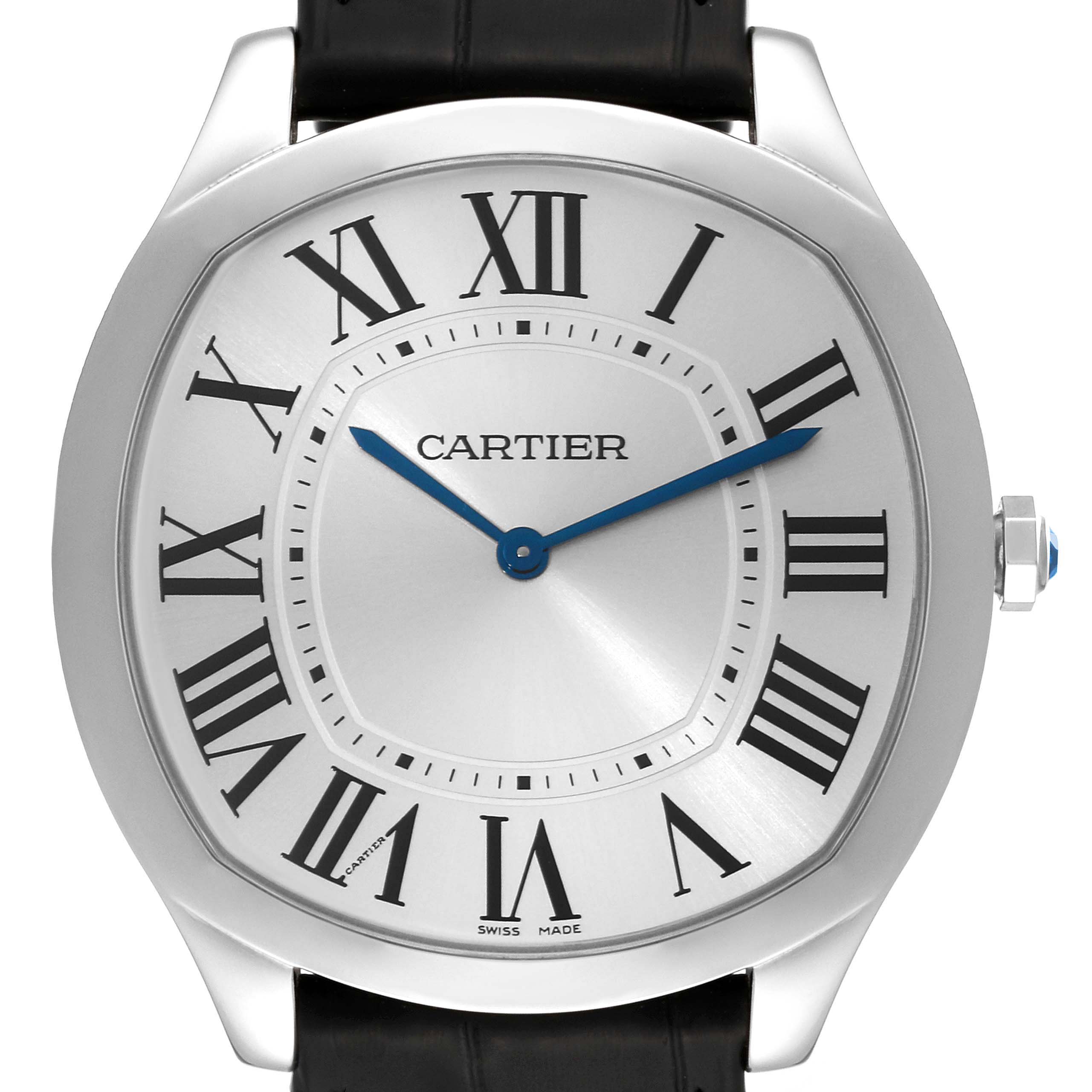 This is a front view of the Drive de Cartier watch by Cartier, showing a silver dial with Roman numerals and blue hands.