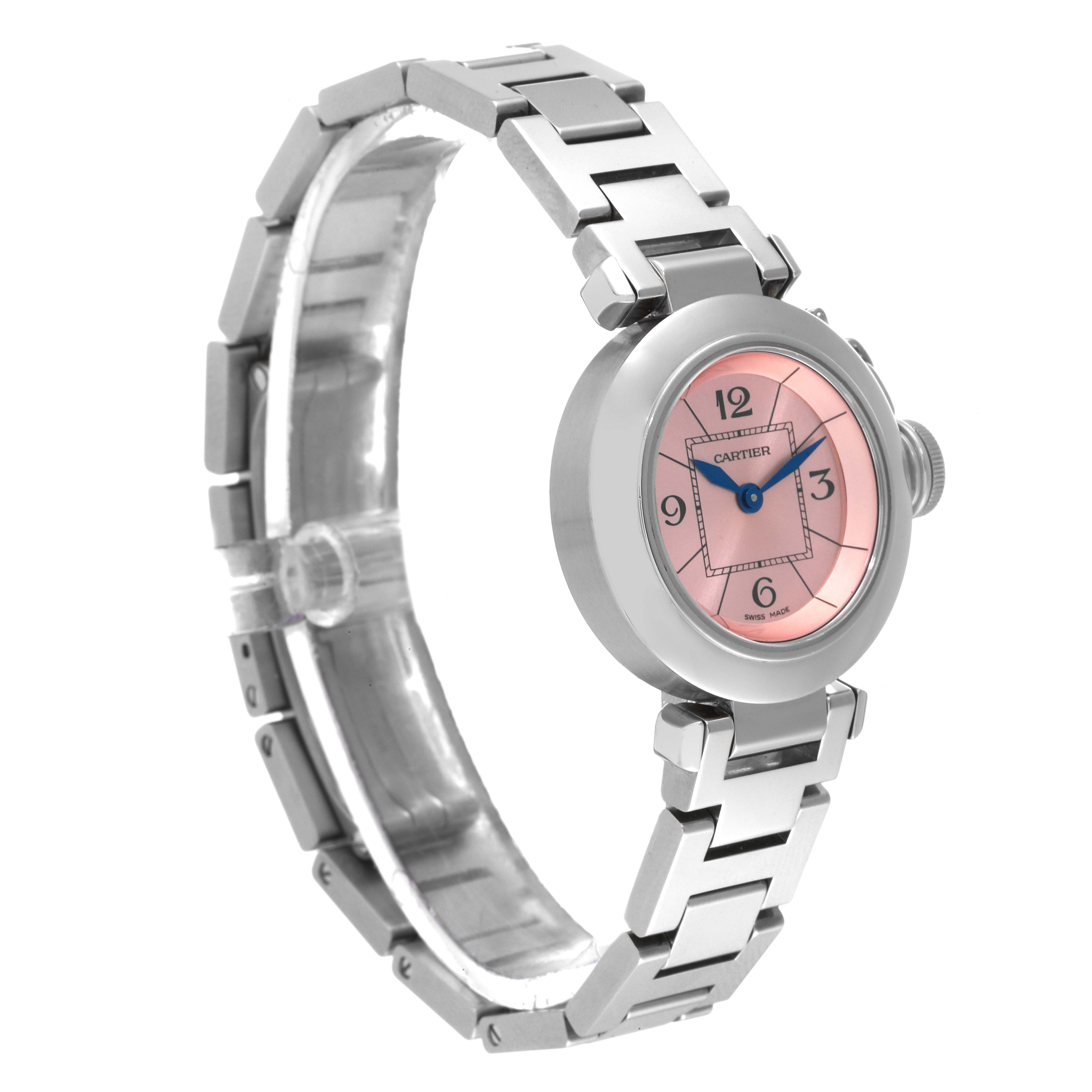 The image shows a side-angle view of a Cartier Pasha W3140008 Women's Stainless Steel Pink Dial W3140008 Women's Stainless Steel Pink Dial watch, highlighting its metal bracelet and round pink dial.