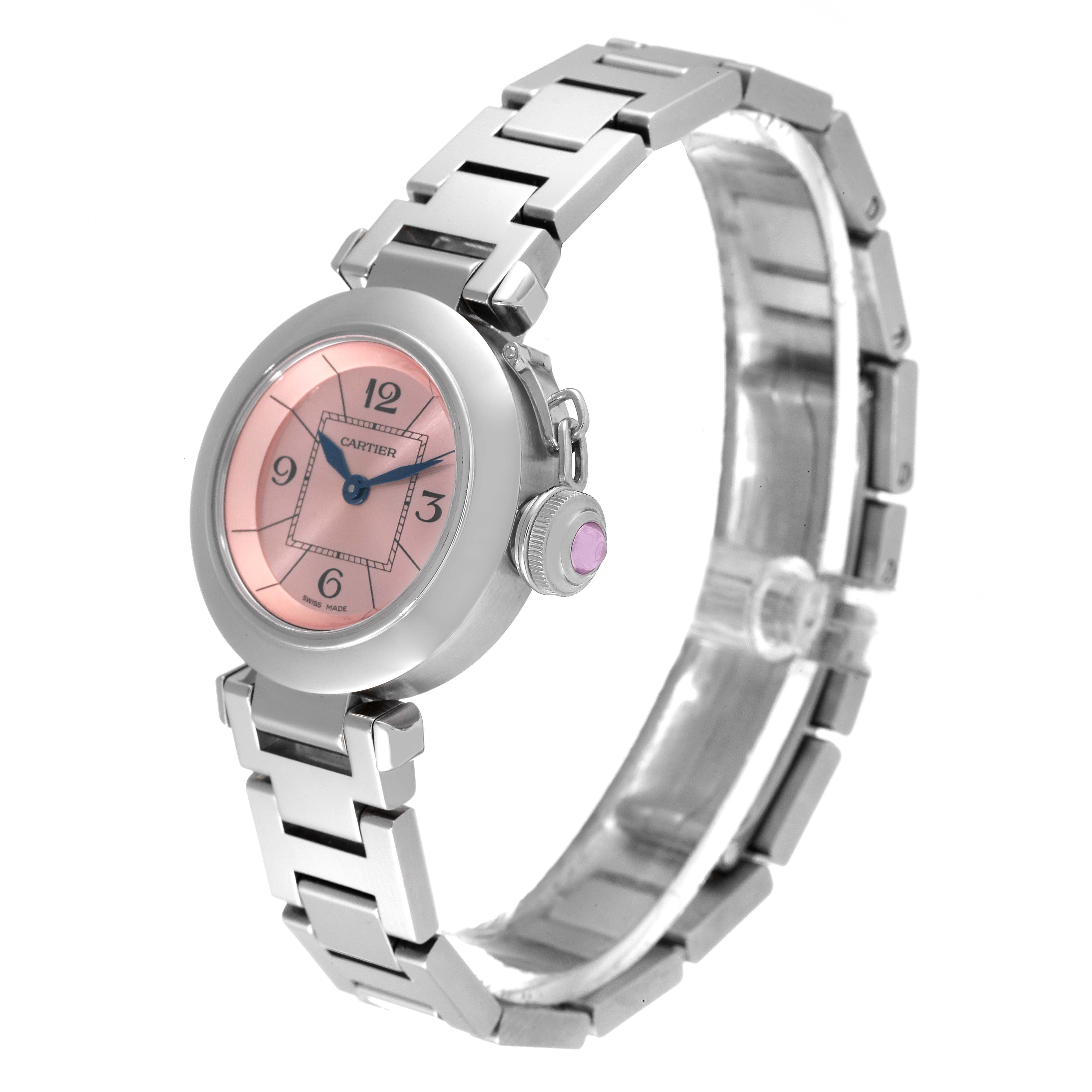 The Cartier Pasha W3140008 Women's Stainless Steel Pink Dial W3140008 Women's Stainless Steel Pink Dial watch is shown at an angle revealing the face, lugs, and bracelet.