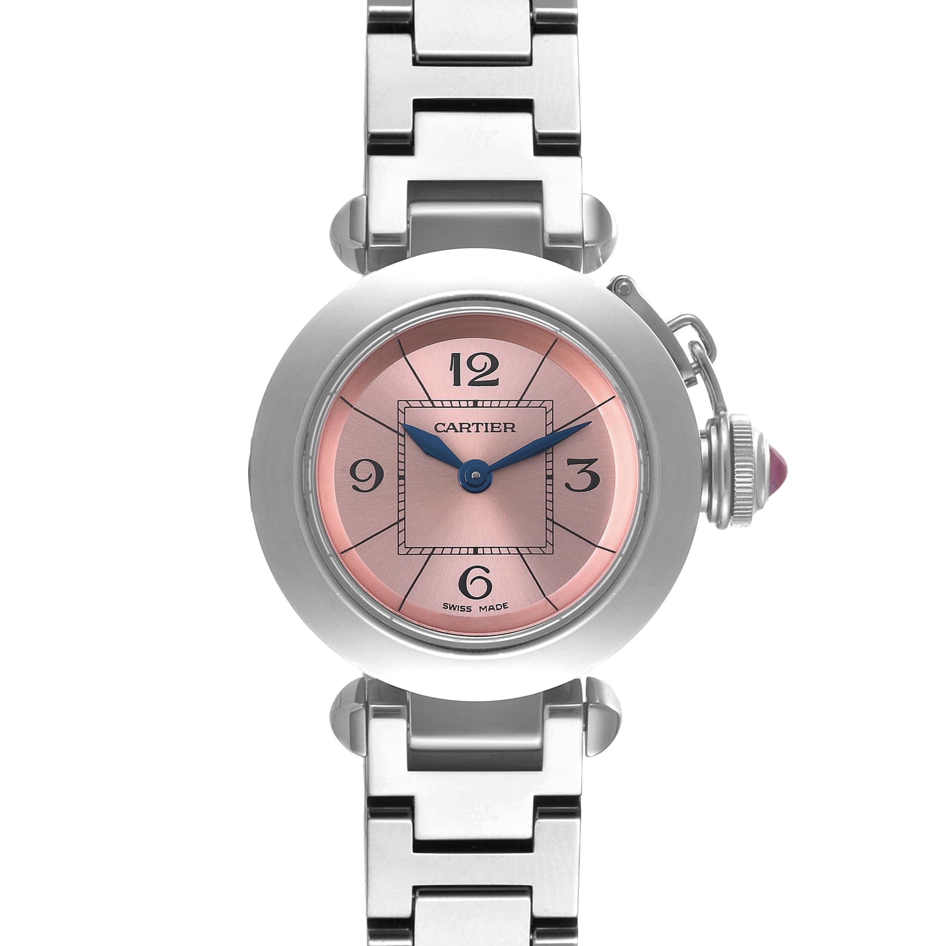 This Cartier Pasha W3140008 Women's Stainless Steel Pink Dial W3140008 Women's Stainless Steel Pink Dial watch is shown from the front, displaying its pink dial, blue hands, steel bracelet, and signature crown cover.