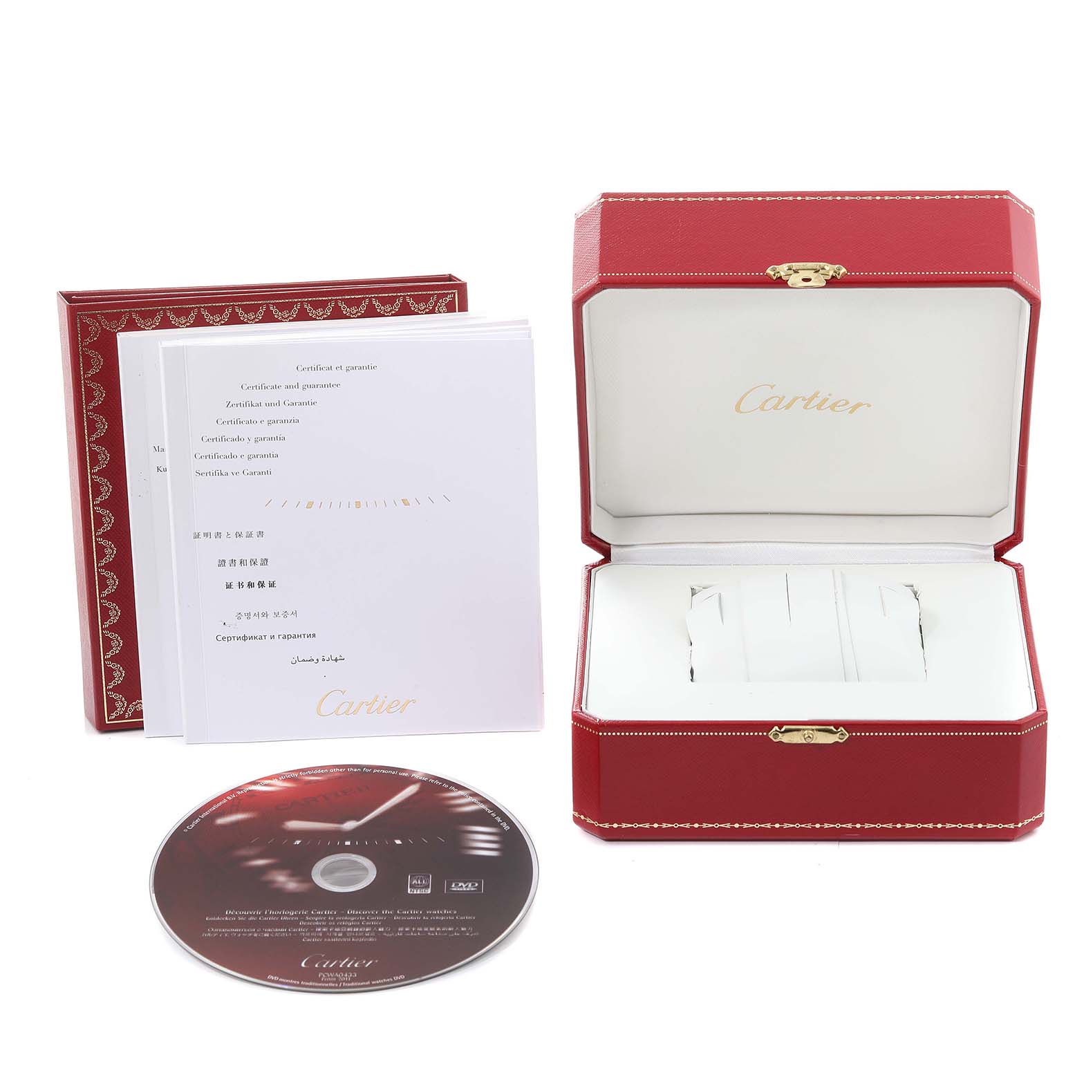 The image shows the packaging, warranty booklet, and CD for the Cartier Pasha W3140008 Women's Stainless Steel Pink Dial W3140008 Women's Stainless Steel Pink Dial watch from a front angle.