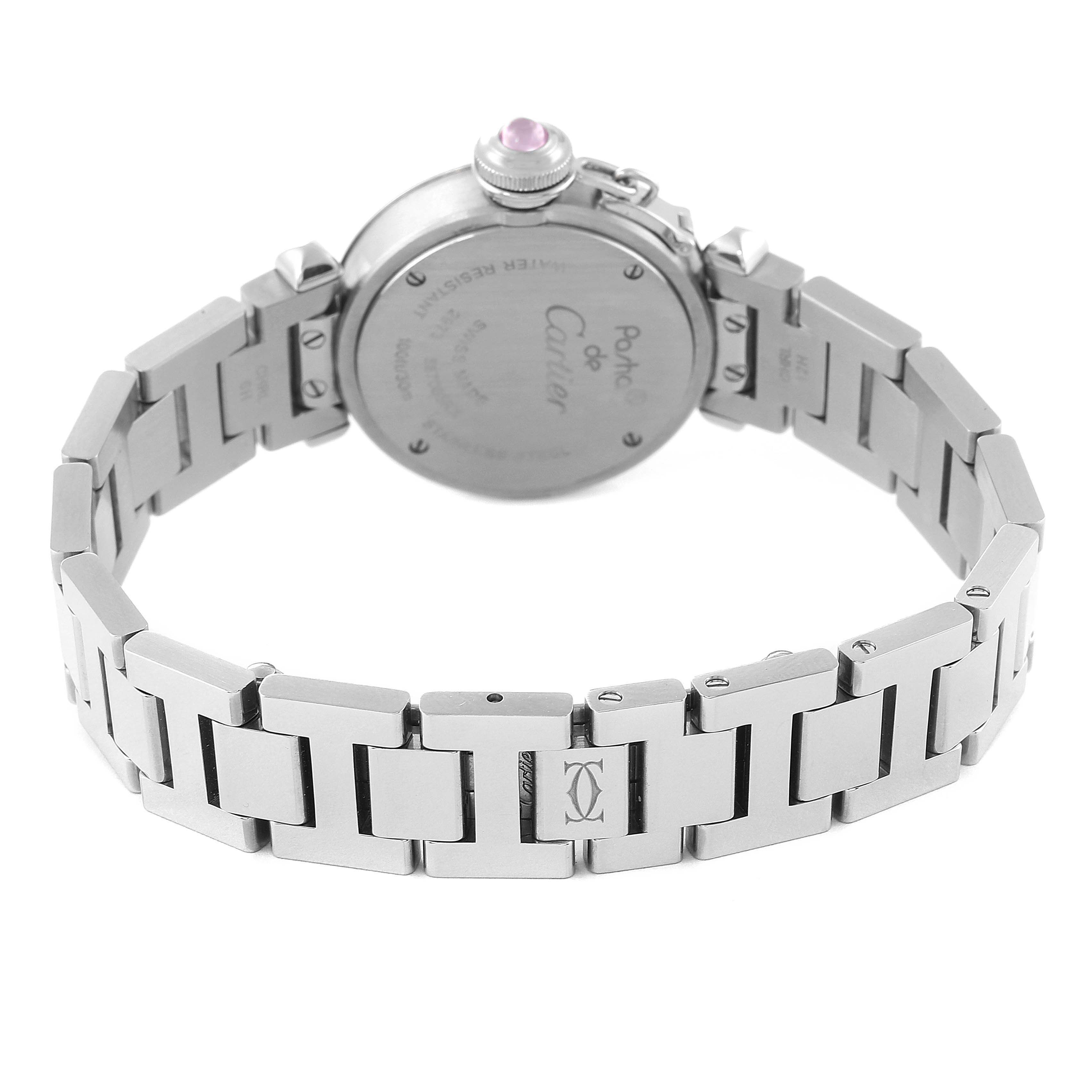 The image shows the back view of the Cartier Pasha W3140008 Women's Stainless Steel Pink Dial W3140008 Women's Stainless Steel Pink Dial watch and its metal bracelet with the brand logo.