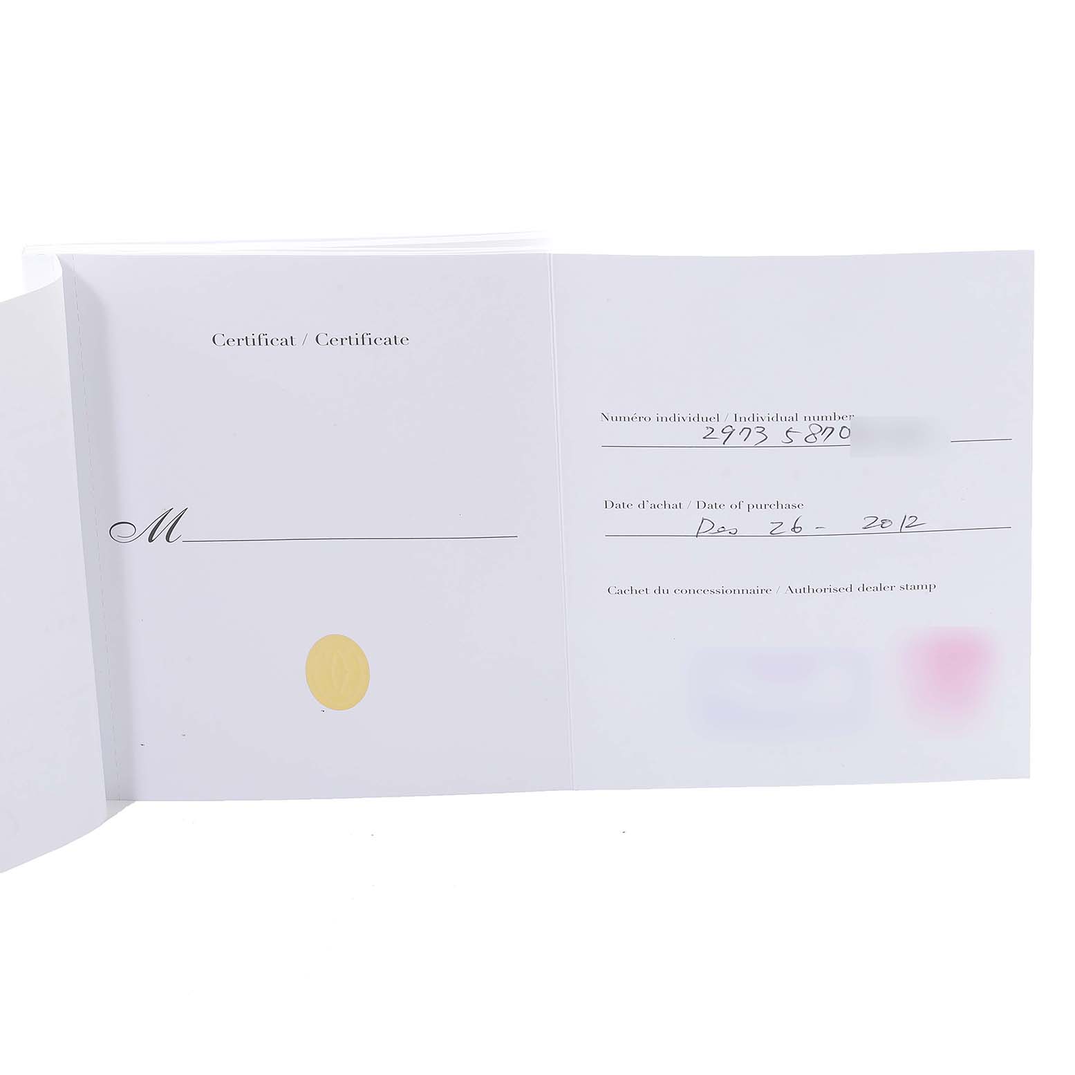 This image shows an open certificate booklet for the Cartier Pasha W3140008 Women's Stainless Steel Pink Dial W3140008 Women's Stainless Steel Pink Dial model, featuring purchase details and dealer stamps.