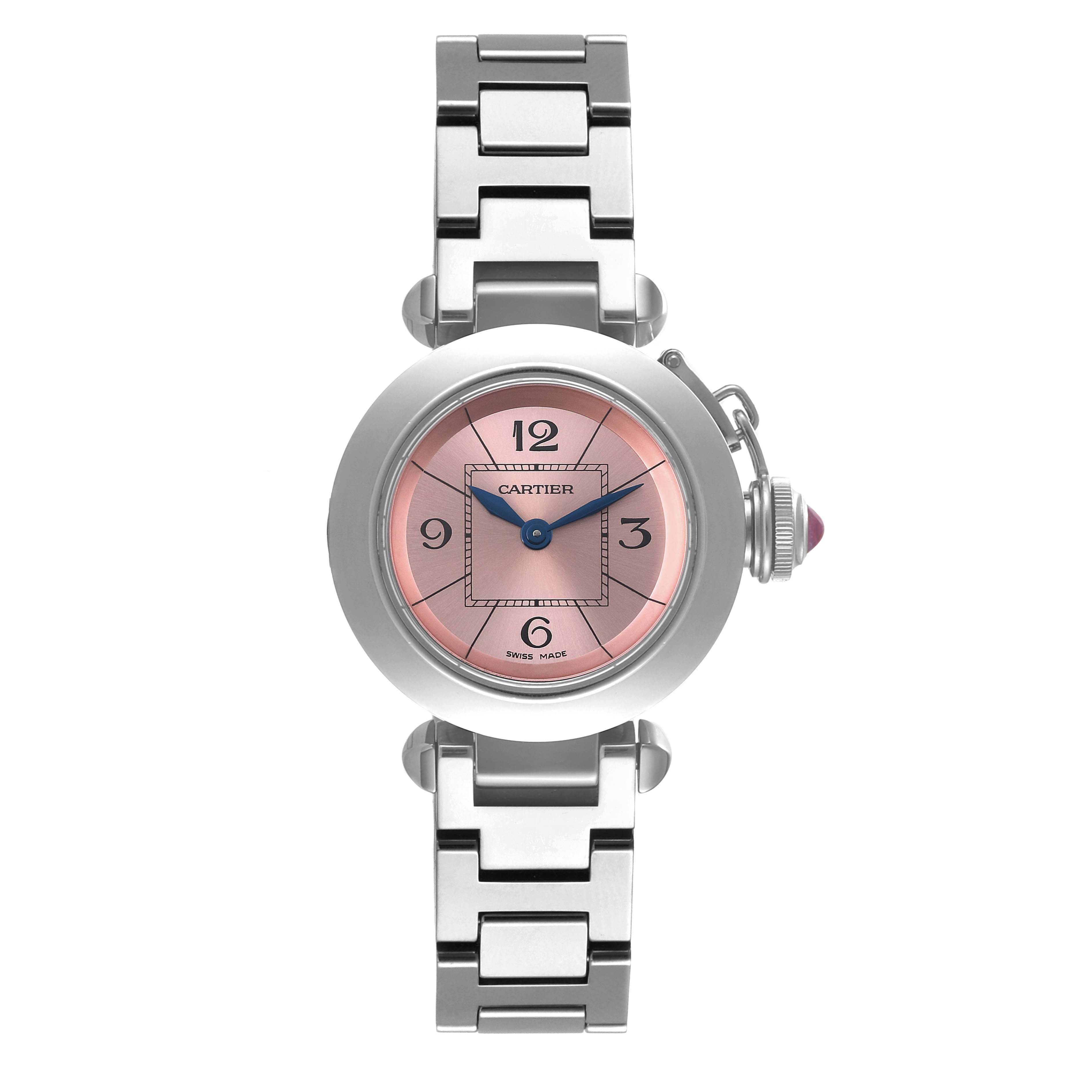 This image shows a Cartier Pasha W3140008 Women's Stainless Steel Pink Dial W3140008 Women's Stainless Steel Pink Dial watch with a front view, highlighting the pink dial, silver band, and crown with a jewel.